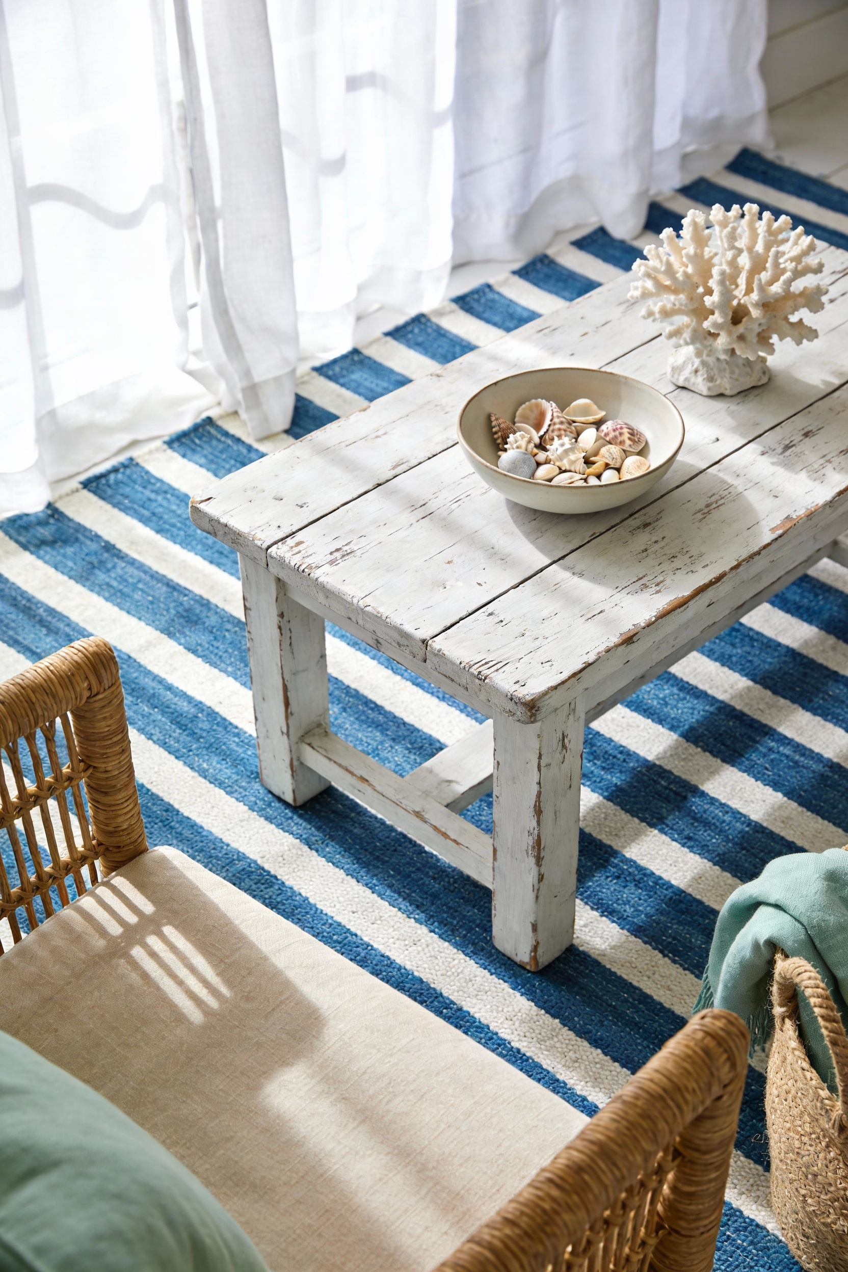 Overhead detail photorealistic coastal scene focused on rug + table styling: crisp blue-and-white striped flatweave rug 
