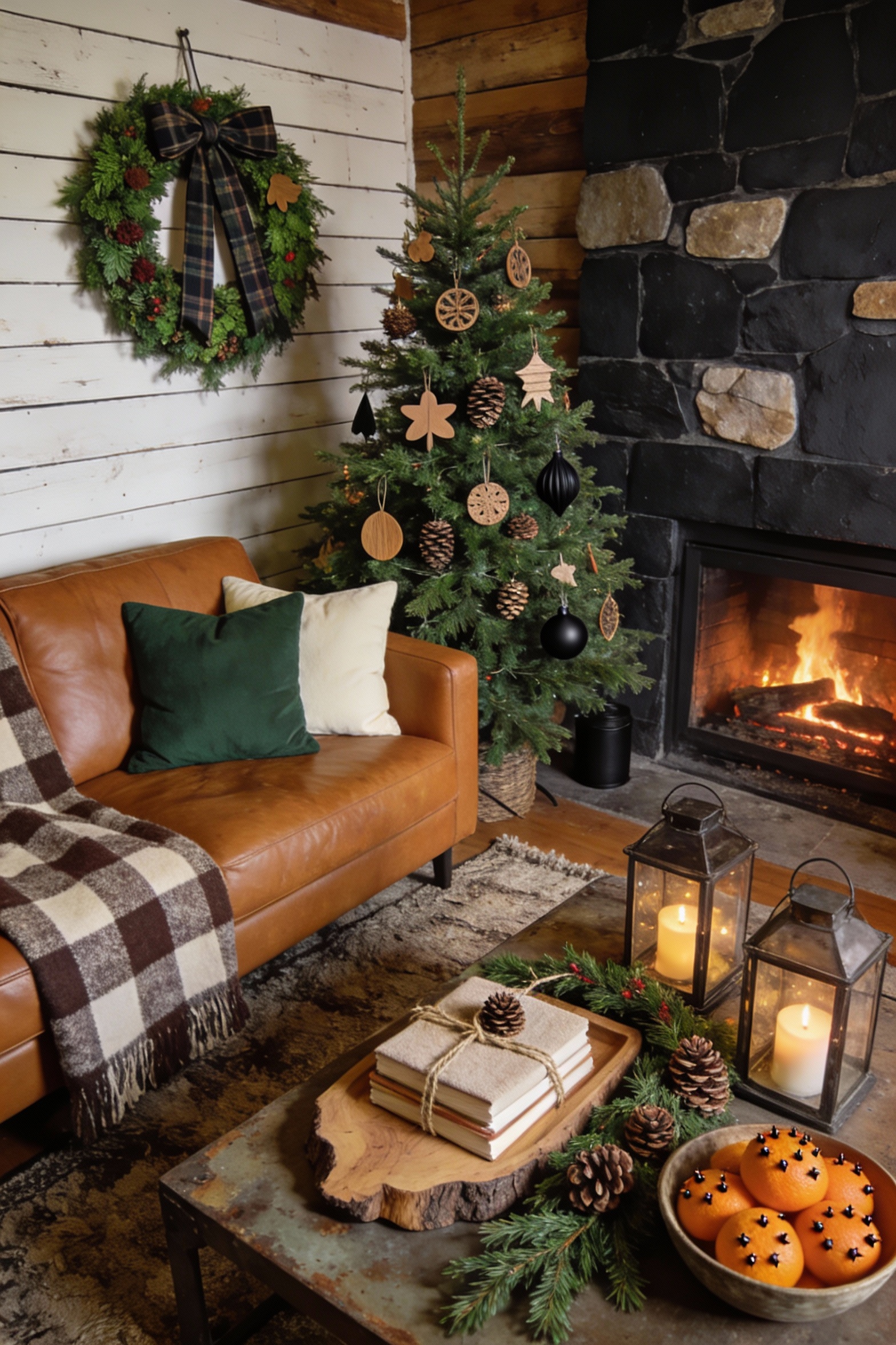 3. Cozy corner-angle wide shot of a rustic cabin Christmas living room: caramel leather sofa with a buffalo check plaid 