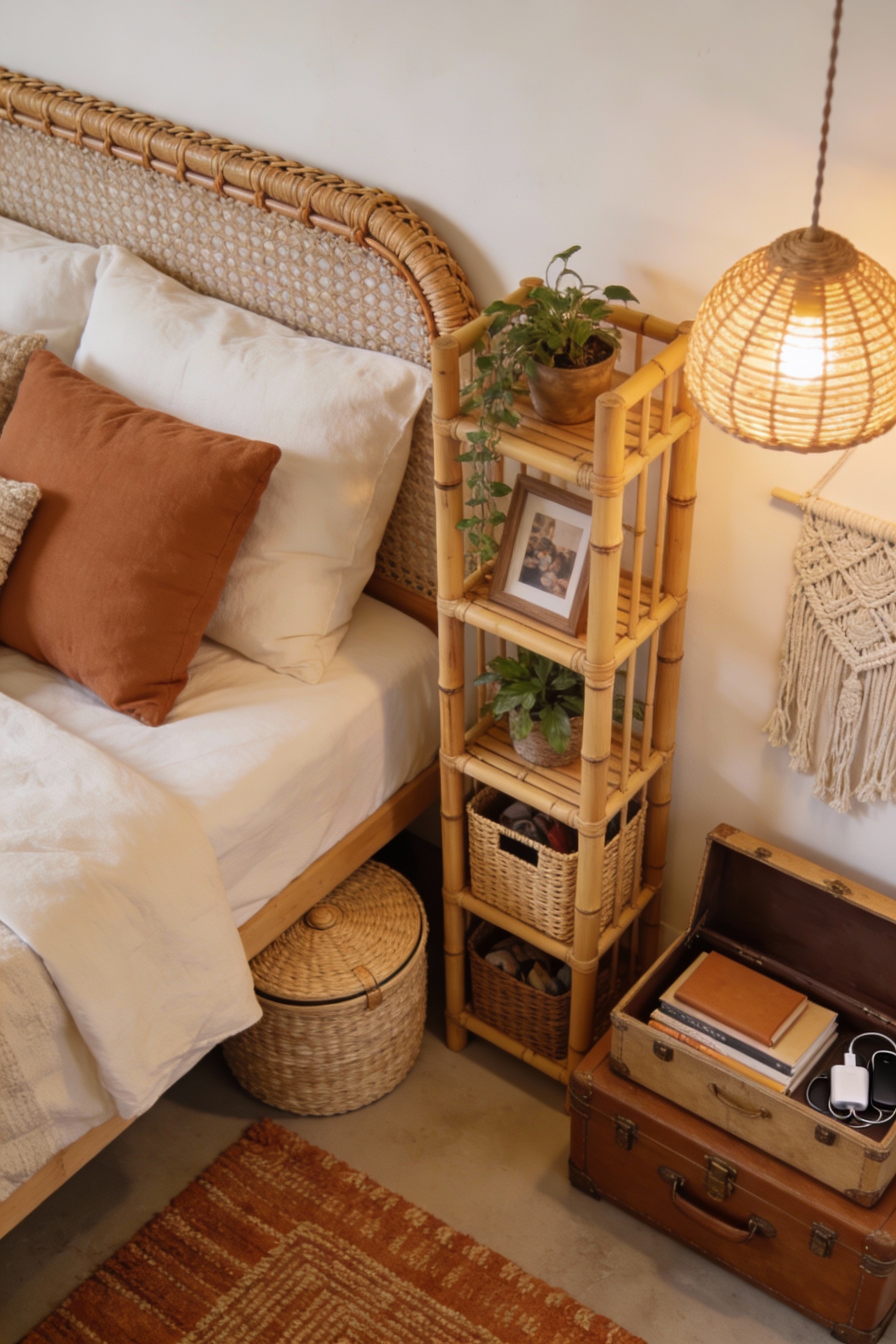 Overhead/detail photorealistic shot of a soft boho layered bedroom vignette focused on storage-as-decor: creamy whites w