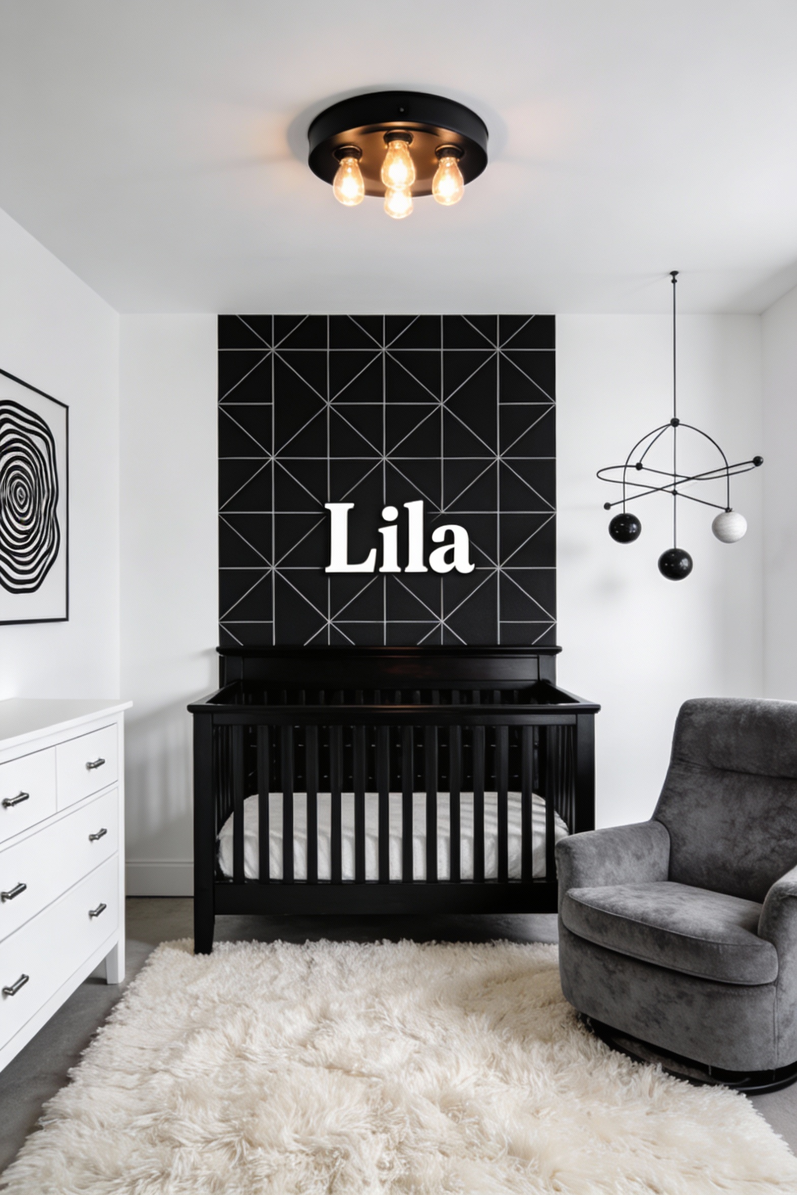 3. Wide symmetrical photorealistic bold monochrome nursery: crisp white walls with a single feature wall of black geomet