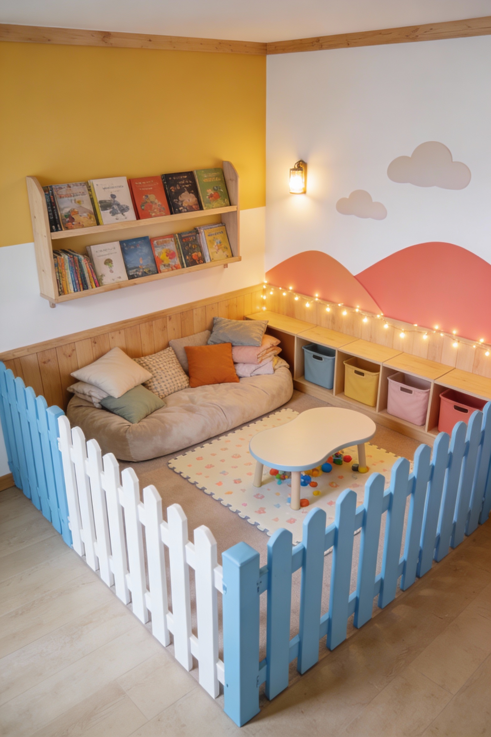 Corner-angle photorealistic kids’ playroom reading nook framed by a knee-to-waist-height mini picket fence painted brigh