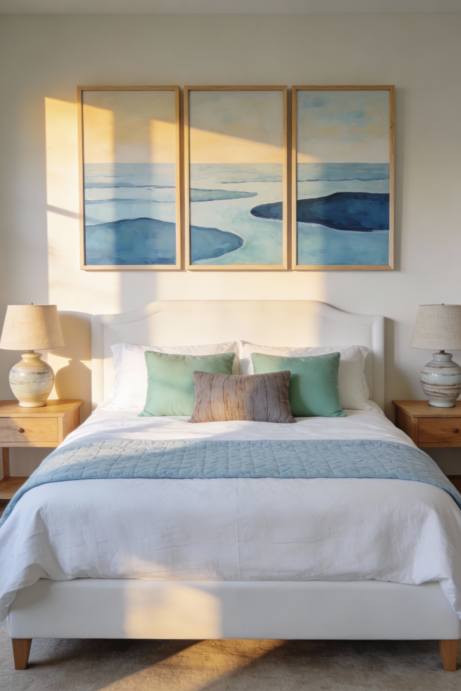 3. Medium straight-on photorealistic shot of a coastal-soft bedroom: white or sand-colored upholstered bed with crisp wh
