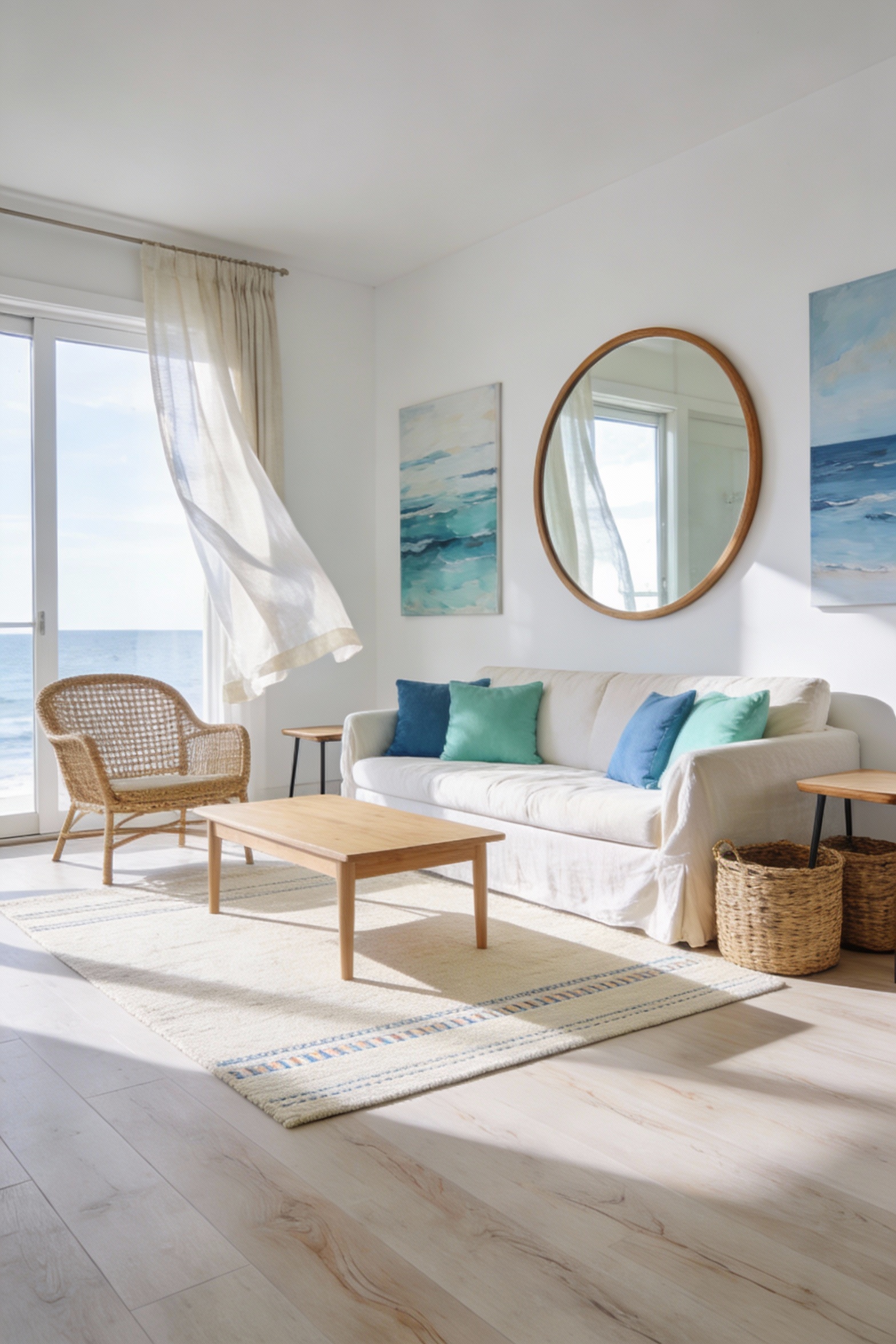 Wide sunlit photorealistic shot of a bright coastal living room with pale bleached wood-look LVP flooring with subtle gr