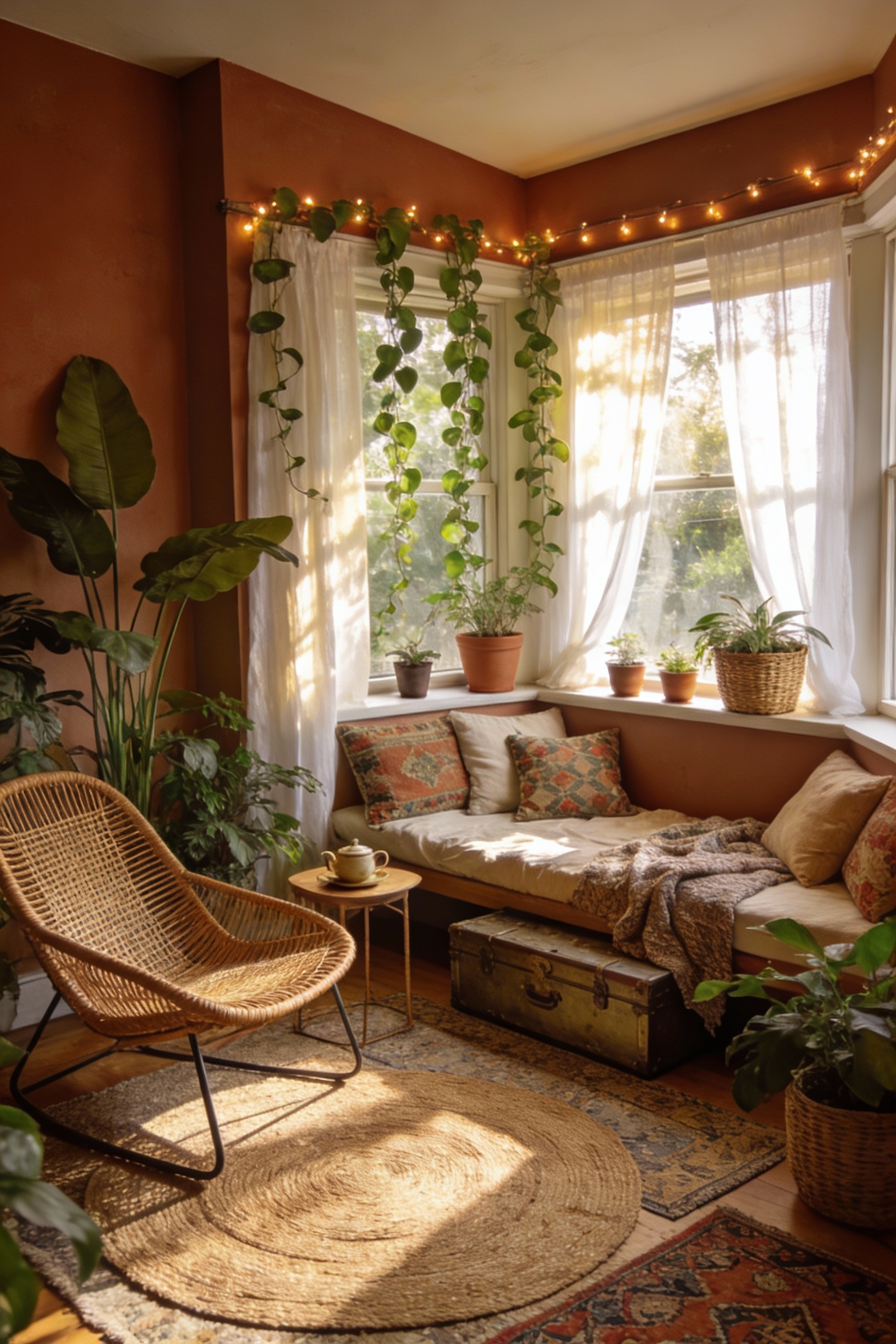 Wide photorealistic boho sunroom shot with a diagonal corner perspective: bay window fitted with a low-profile daybed la