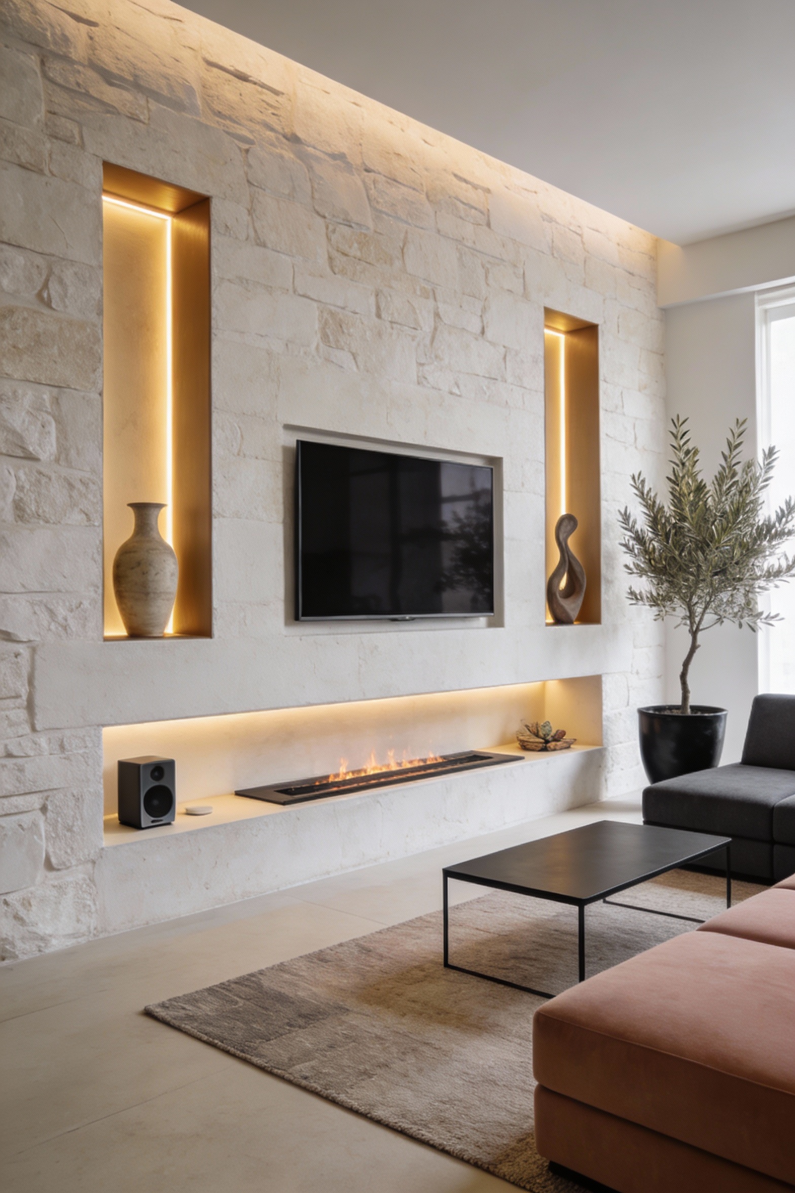 3. Wide corner-angle photorealistic shot of a minimalist media wall built around a chimney breast: seamless plaster-fini