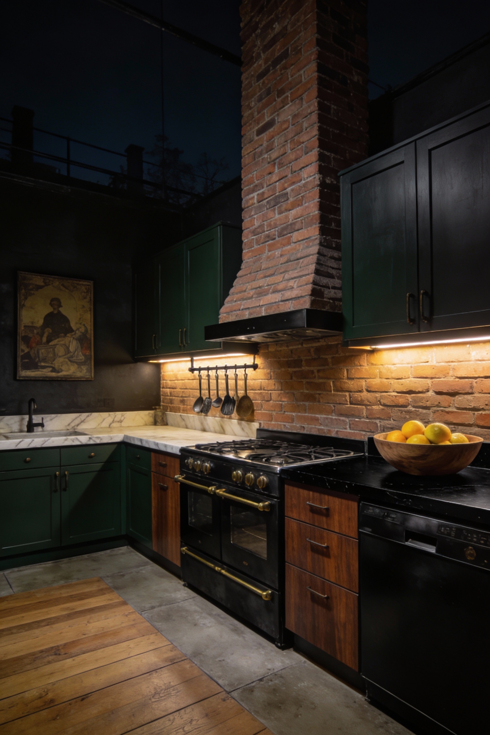 3. Corner-angle wide shot of a moody loft-ready kitchen featuring a full-height brick chimney running from counter to ce