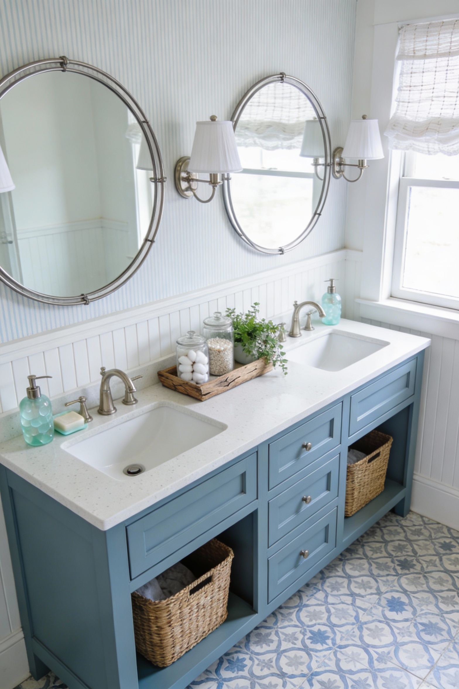 Wide bright photorealistic coastal bathroom scene from a slightly elevated angle: soft dusty blue shaker-style double va