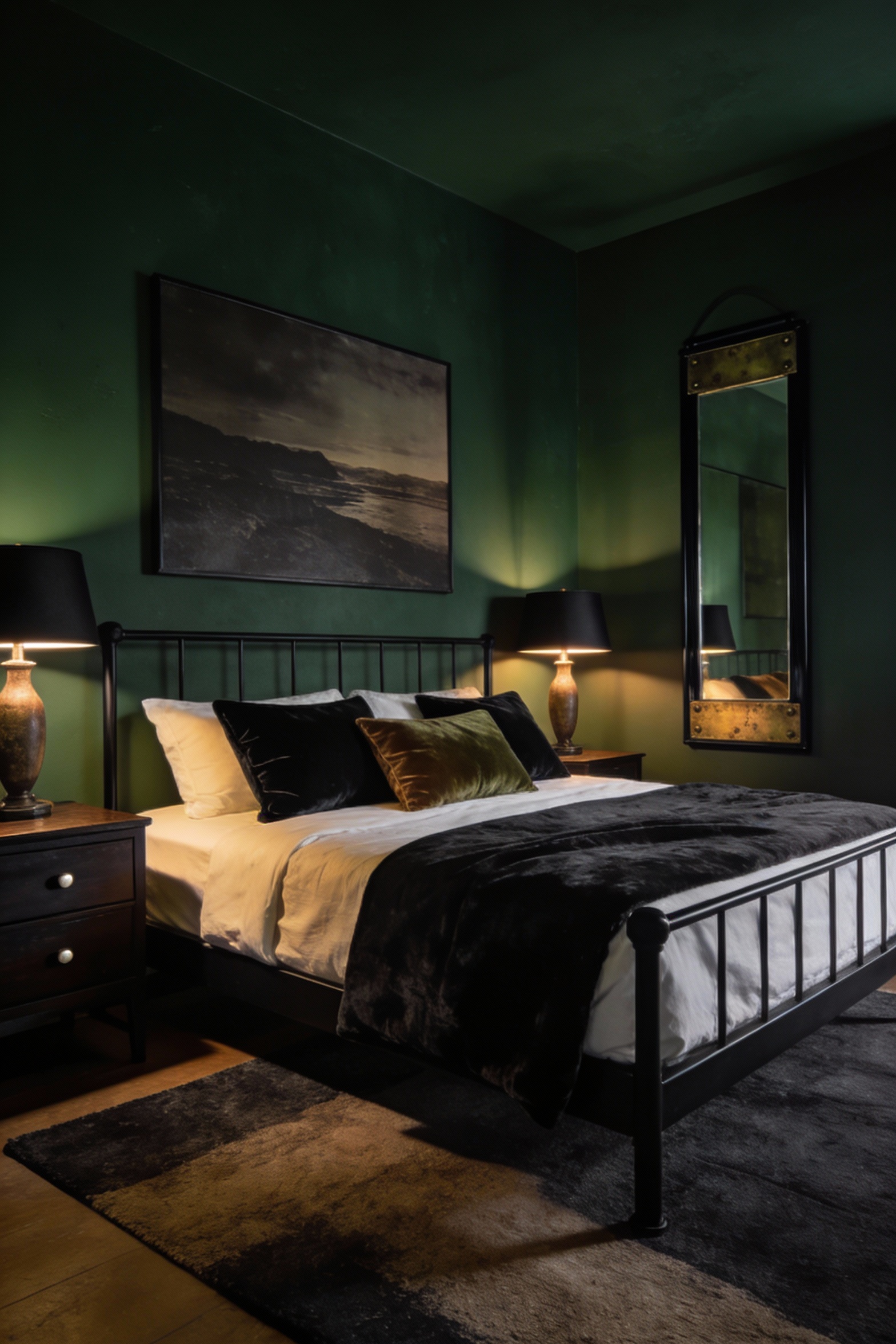Wide corner-angle photorealistic moody boutique hotel bedroom: deep forest green walls, substantial black bedframe (blac