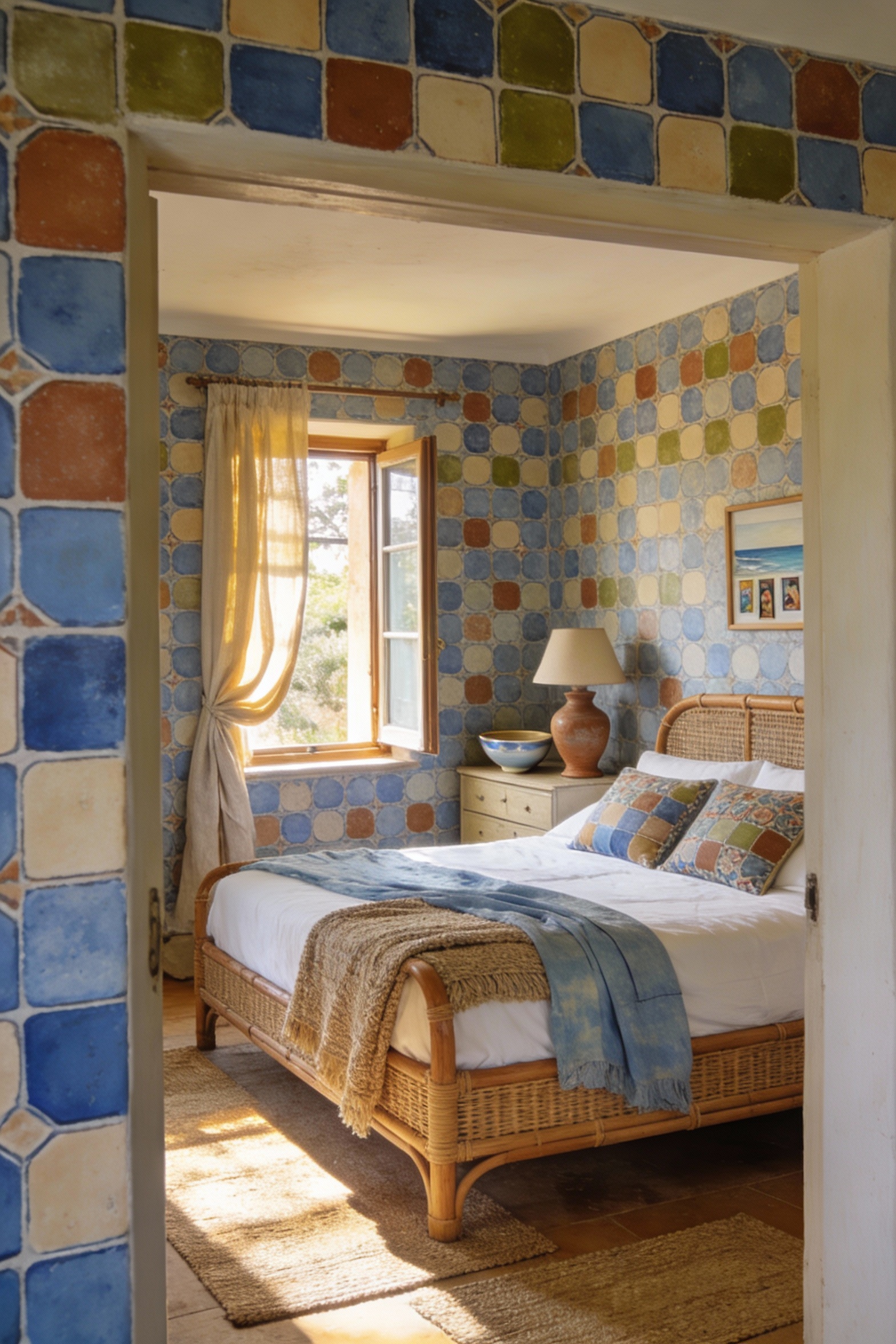 Wide photorealistic sunlit Mediterranean bedroom from a doorway perspective: wallpaper inspired by hand-painted repeatin