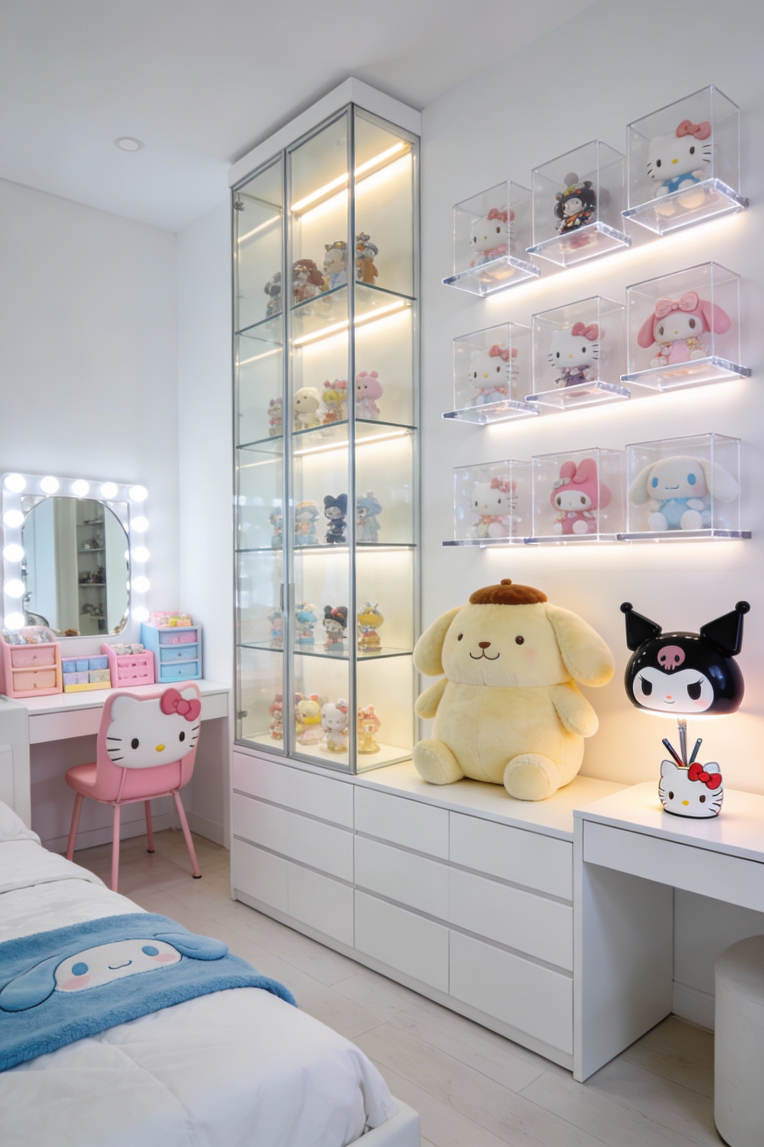 Wide photorealistic clean white collector room: gallery-like white walls, white bedding, light floors; sleek white stora