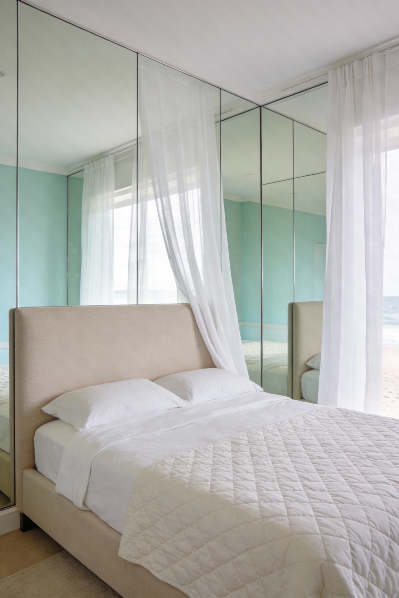 Corner-angle wide shot of a coastal bedroom with a full-length mirror wall spanning most of one side wall, softened by s