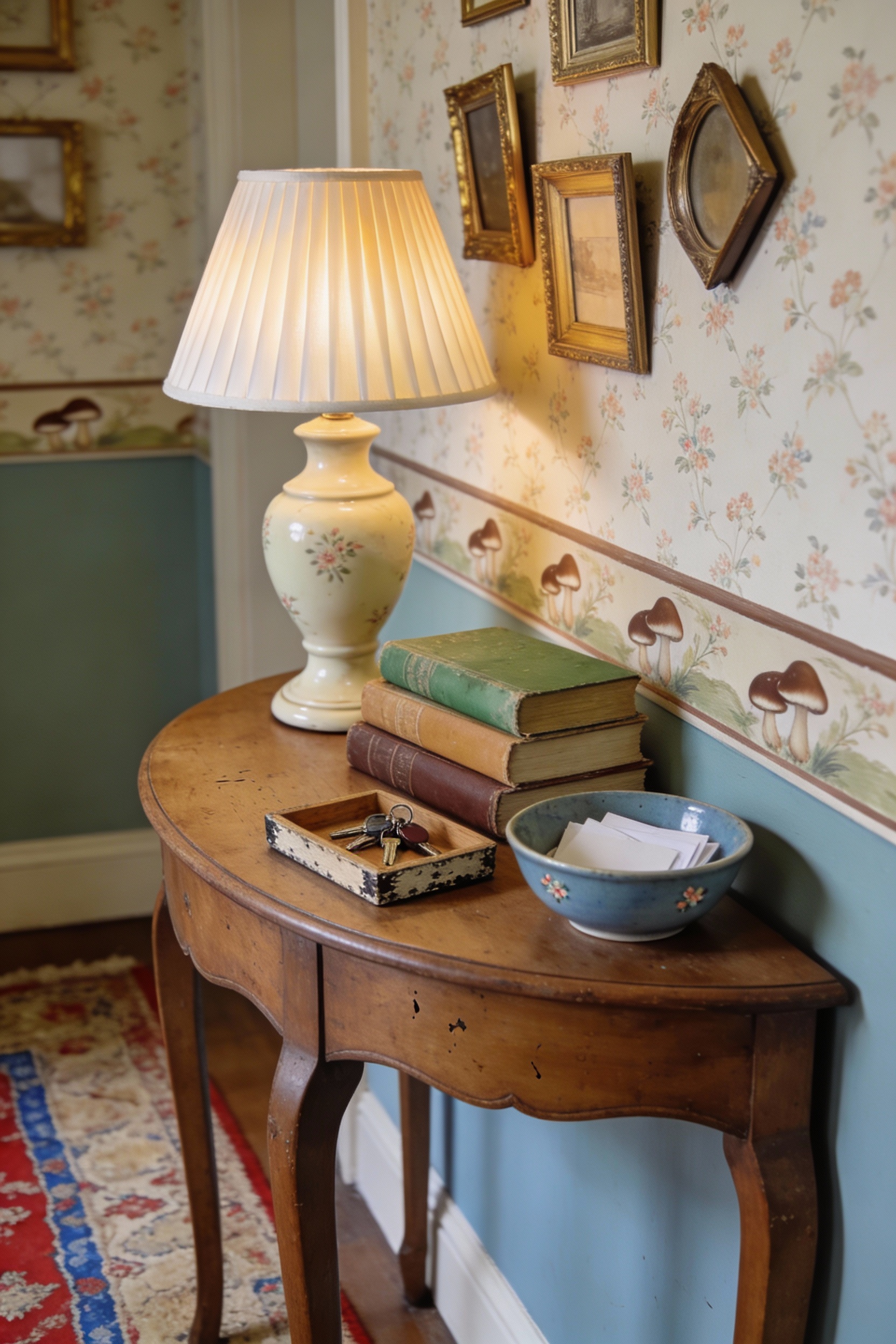 Close-up photorealistic vignette of an English cottage hallway console moment: tiny floral wallpaper in muted sage, dust