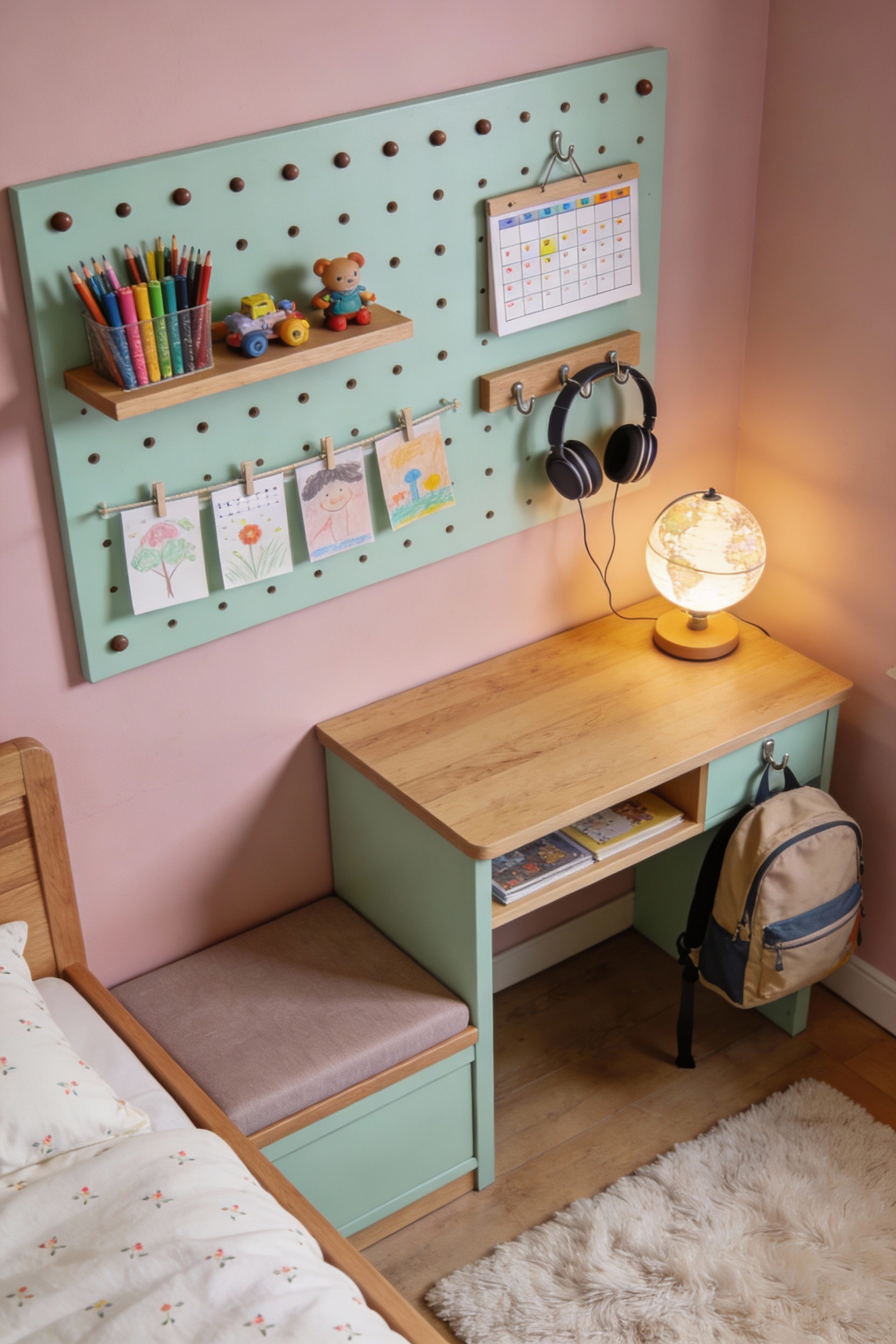 Overhead photorealistic detail shot of a soft pastel kids’ room pegboard station: a painted pegboard in dusty blush or p