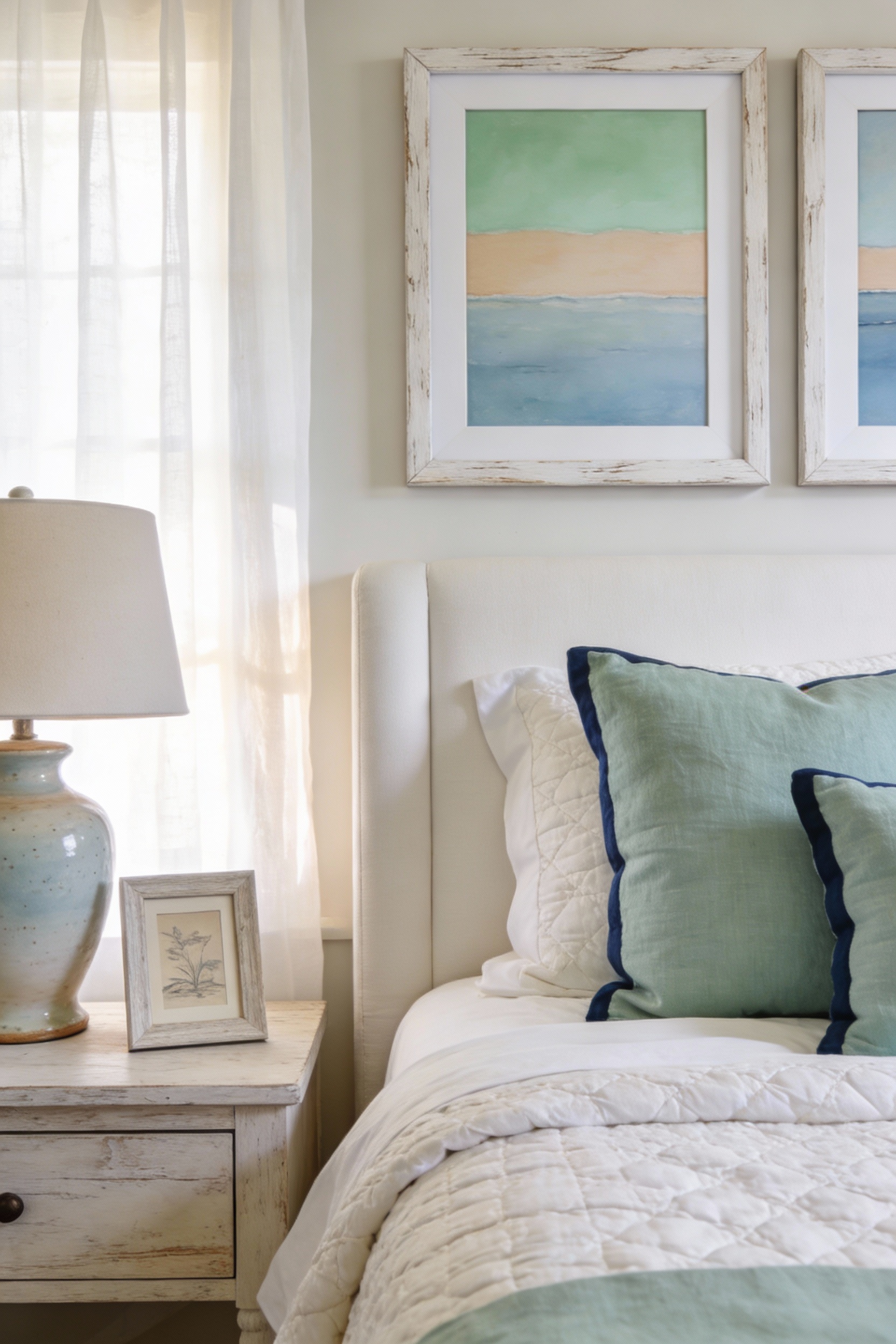 Photorealistic close-up detail shot from bedside level in a coastal calm bedroom: soft-toned framed artwork above the he