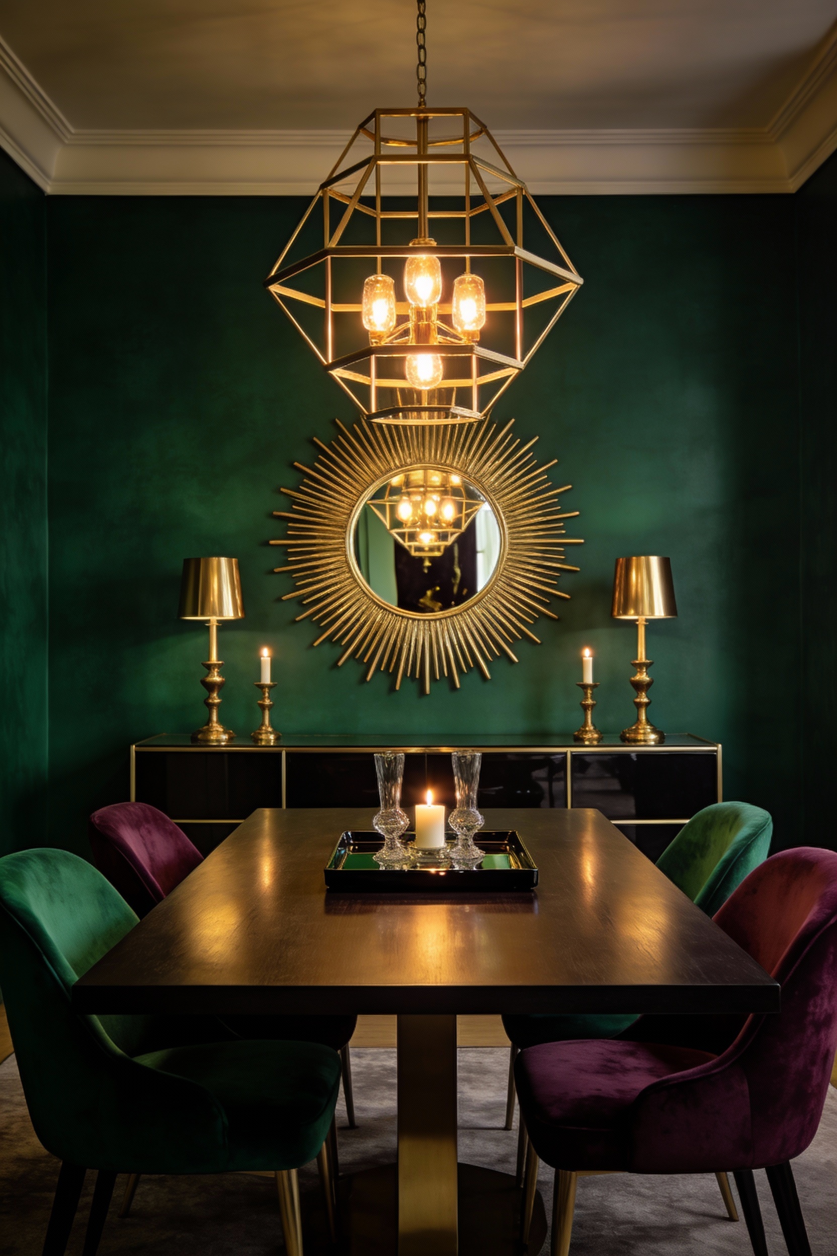 Wide photorealistic bold Art-Deco dining room, straight-on symmetrical composition of a gold/brass sunburst mirror on a 