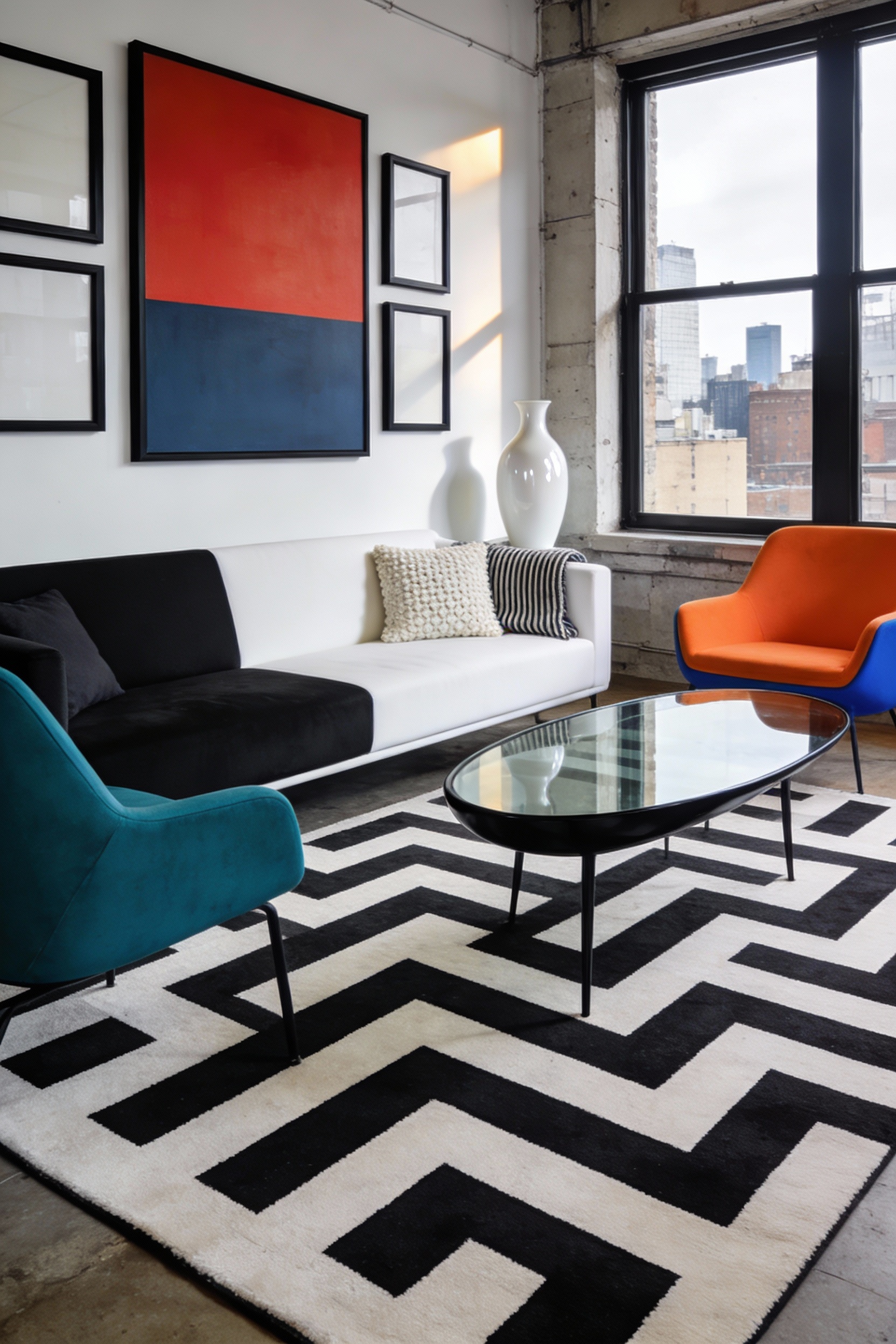 Wide straight-on photorealistic urban graphic living room: bold black-and-white geometric rug (modern grid or oversized 