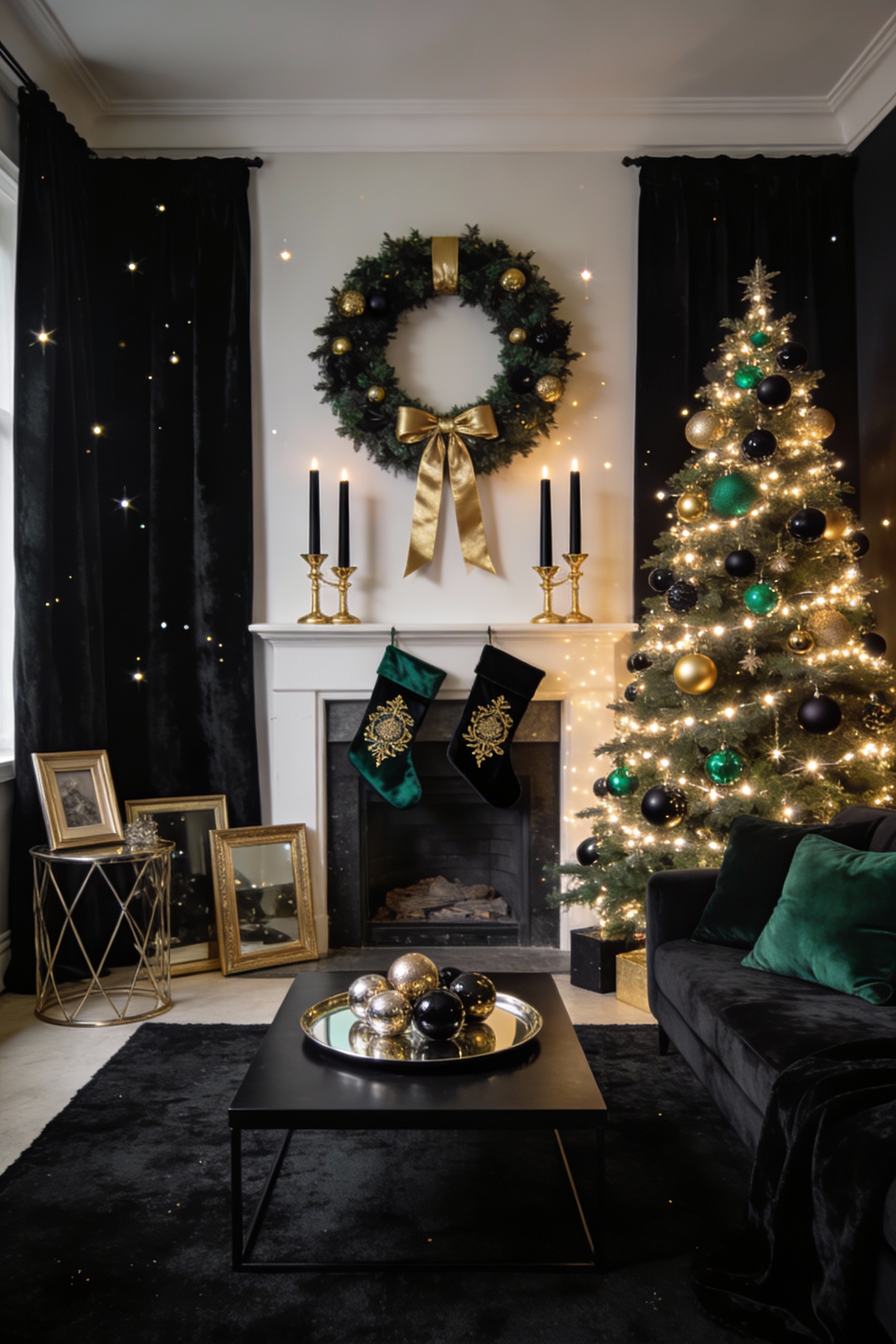 4. Dramatic straight-on wide shot of glam midnight Christmas living room: moody black/charcoal textiles (velvet curtains