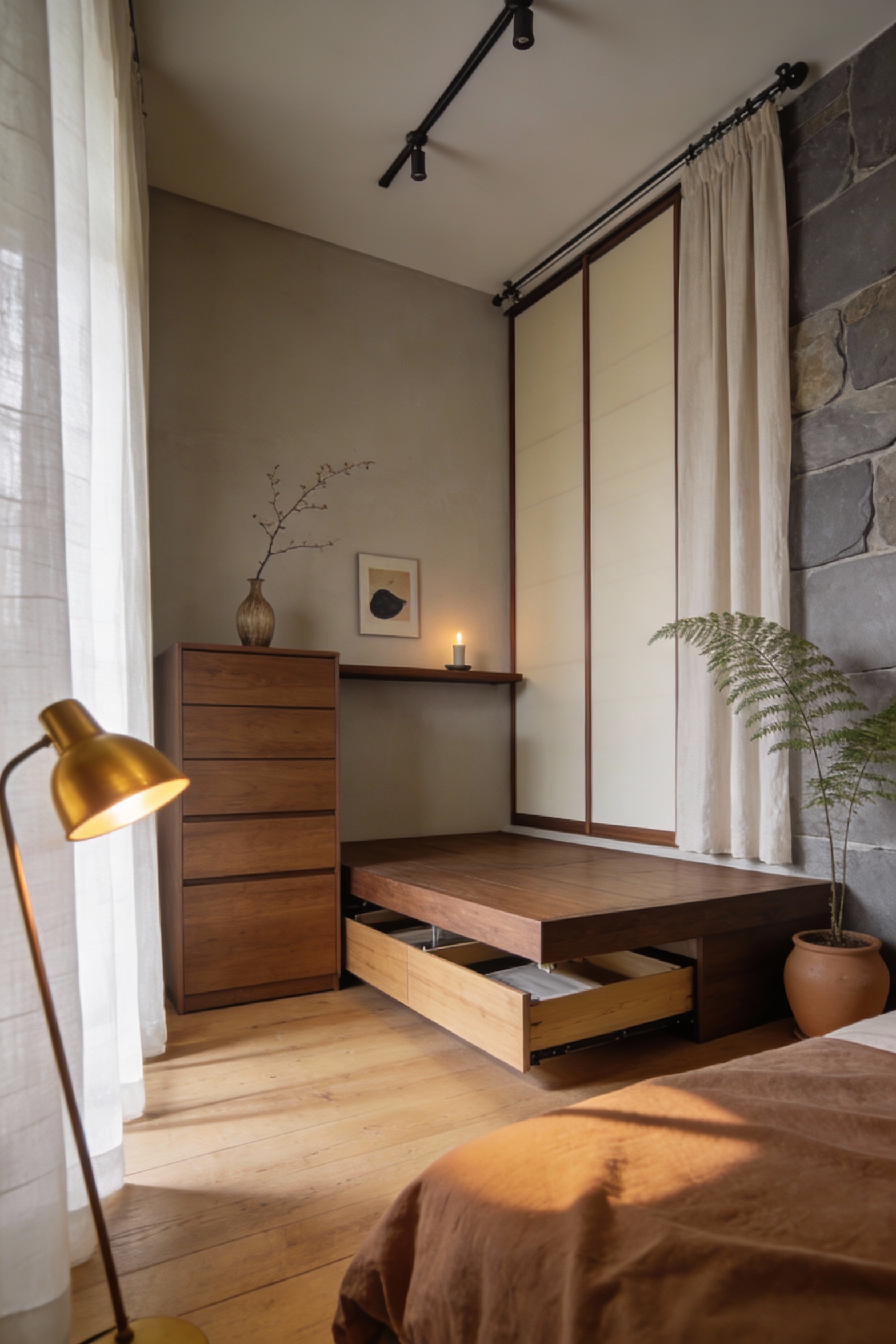 Wide low-angle photorealistic shot of a minimal Japanese-inspired small bedroom in soft taupe, stone gray, and natural w