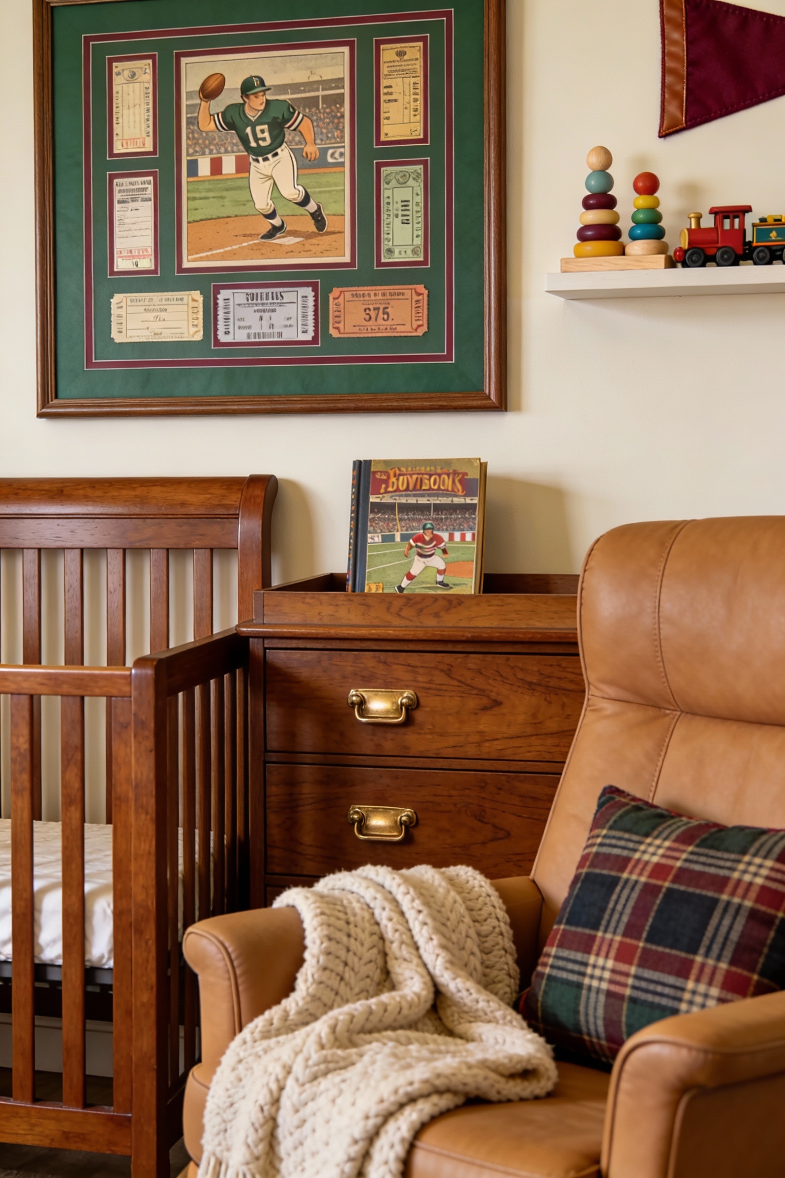 4. Detailed closeup photorealistic vintage sports storybook nursery styling: creamy ivory/oatmeal backdrop with forest g