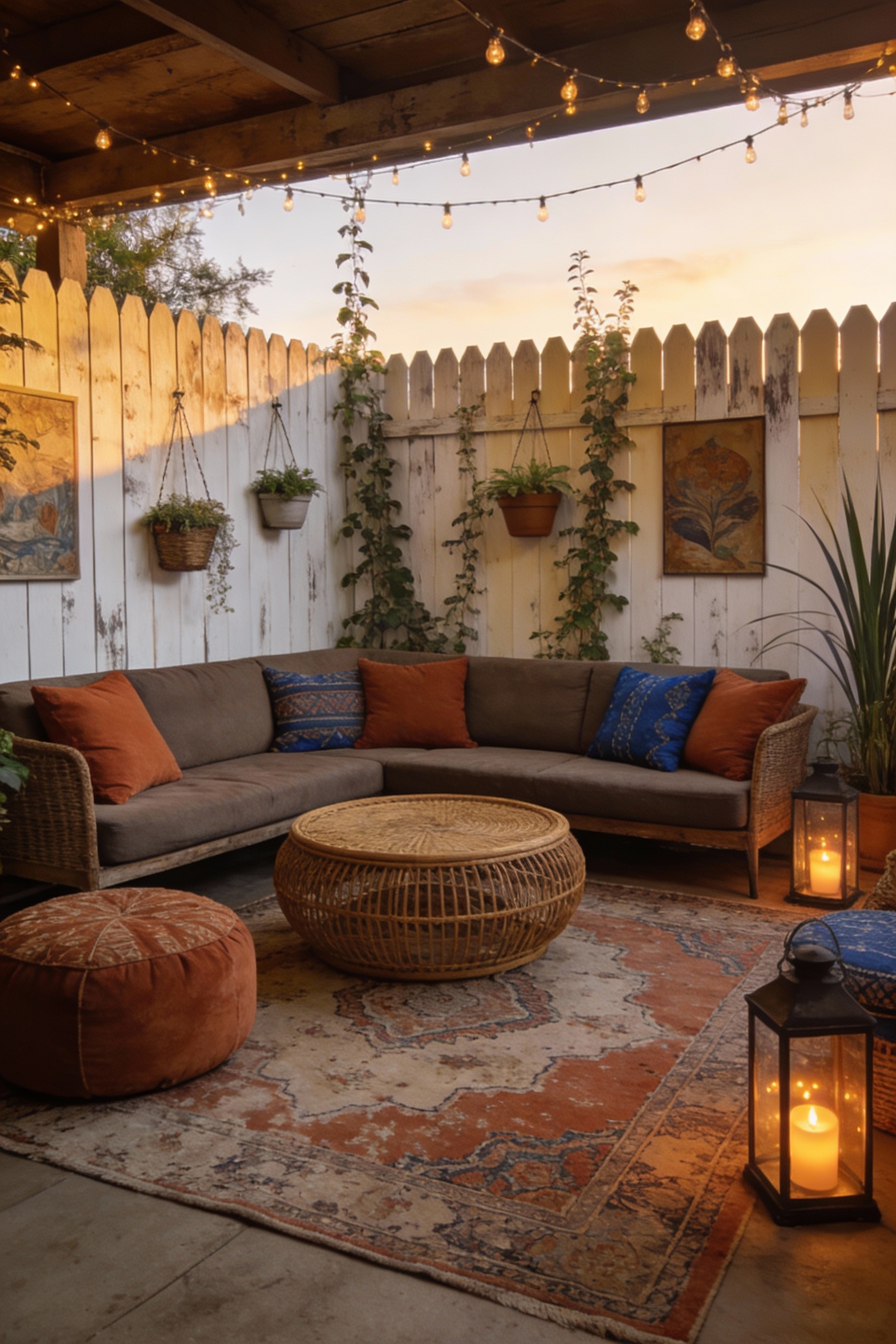 Wide photorealistic boho patio lounge styled like an indoor room: picket fence privacy wall backdrop in weathered white 