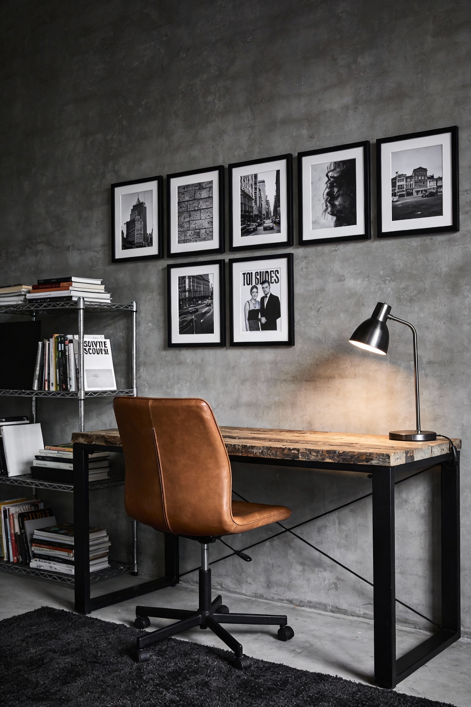 4. Wide, slightly low-angle photorealistic shot of an industrial home office: charcoal/concrete-gray wall, desk with bla
