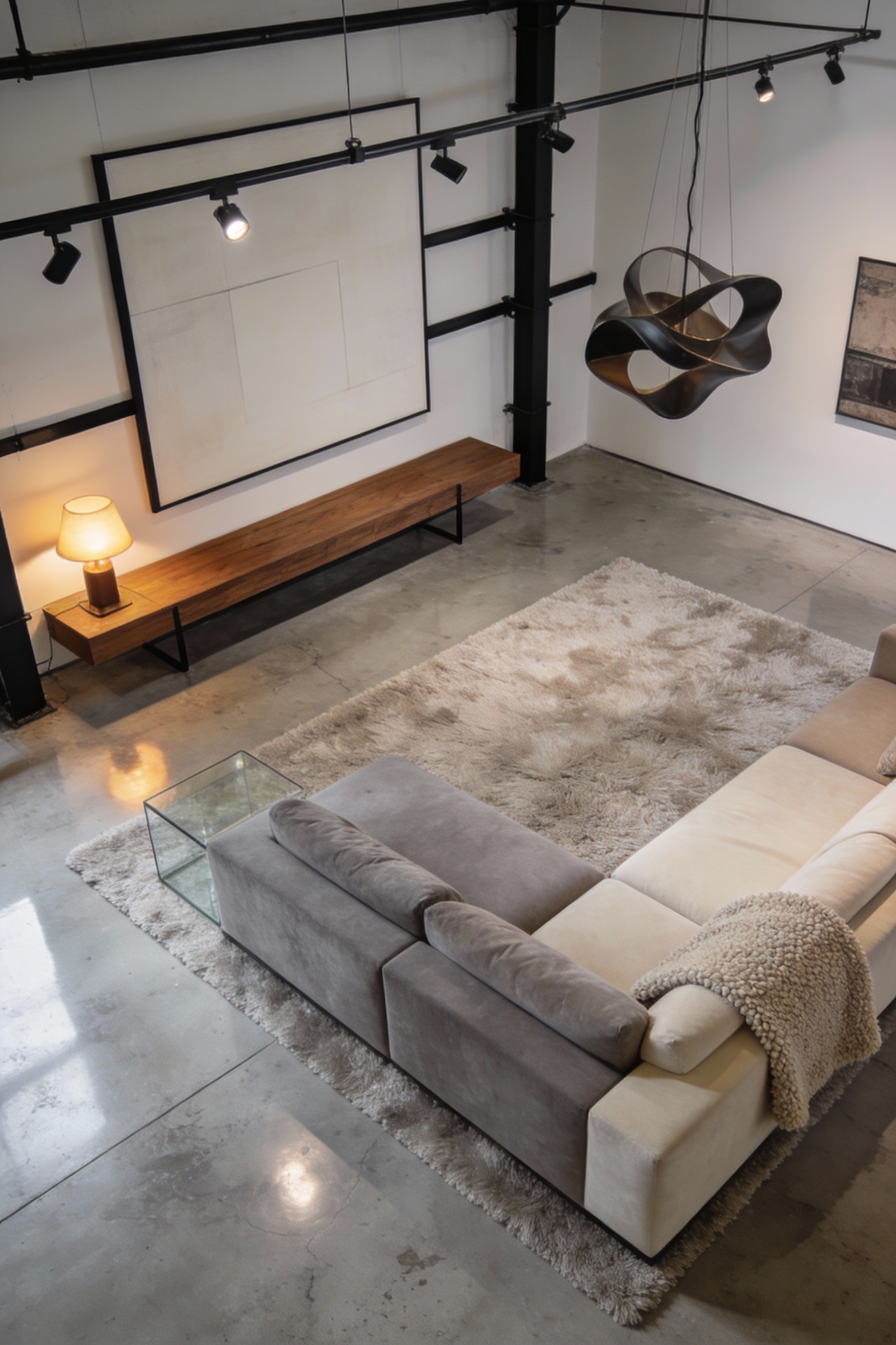 Overhead photorealistic shot emphasizing materials in a bold urban gallery living room: smooth reflective polished concr