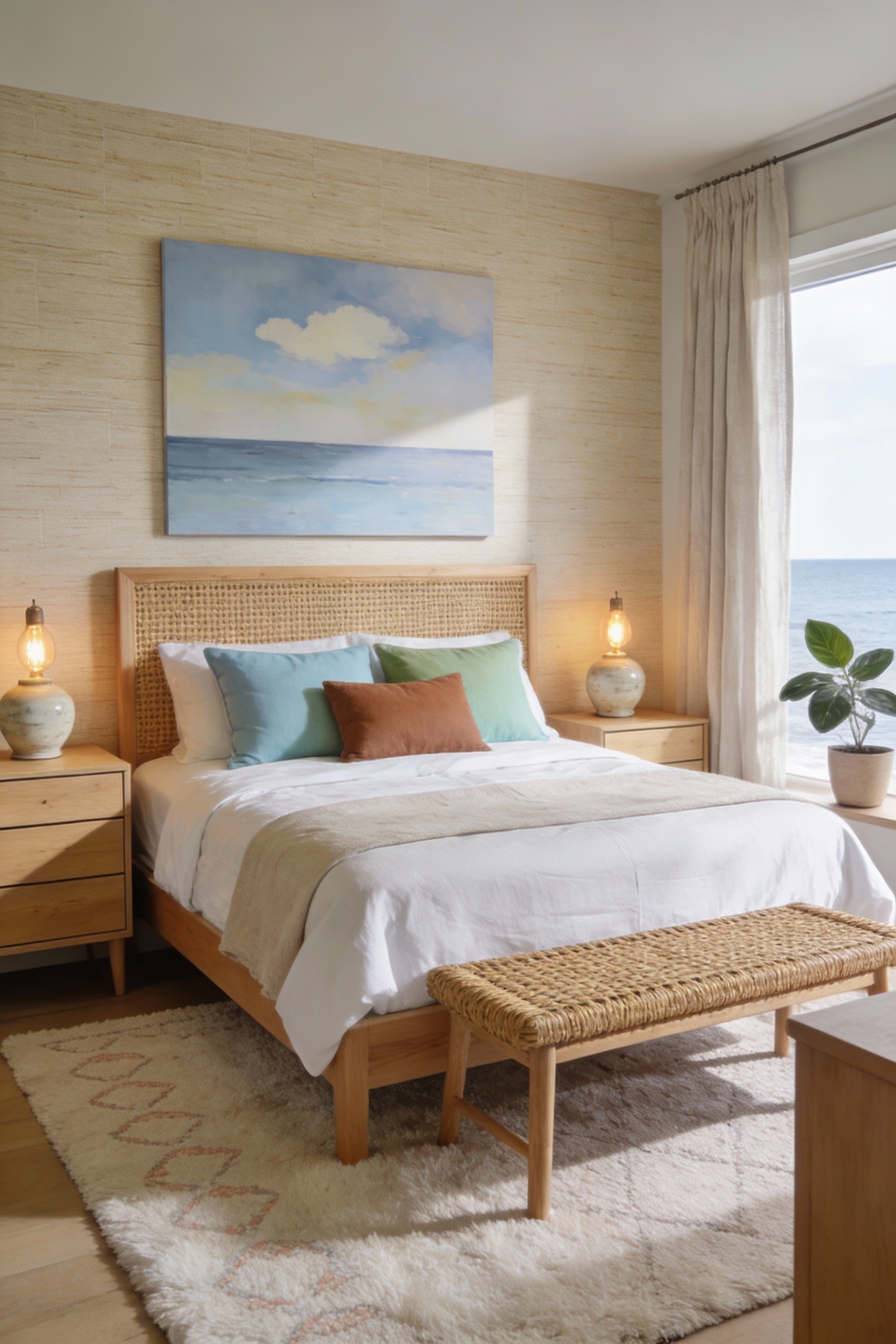 Wide shot from the foot-of-bed perspective in a calm coastal bedroom featuring light sandy-beige grasscloth-style textur