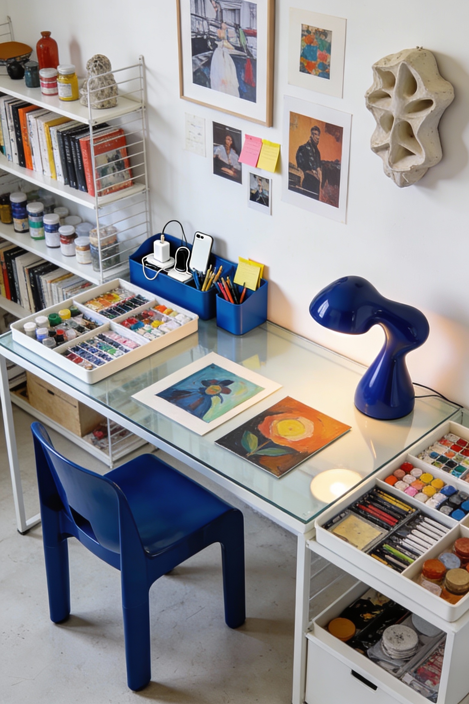 Overhead photorealistic creative studio desk scene with organized-chaos energy: clean-lined desk with a mostly clear sur