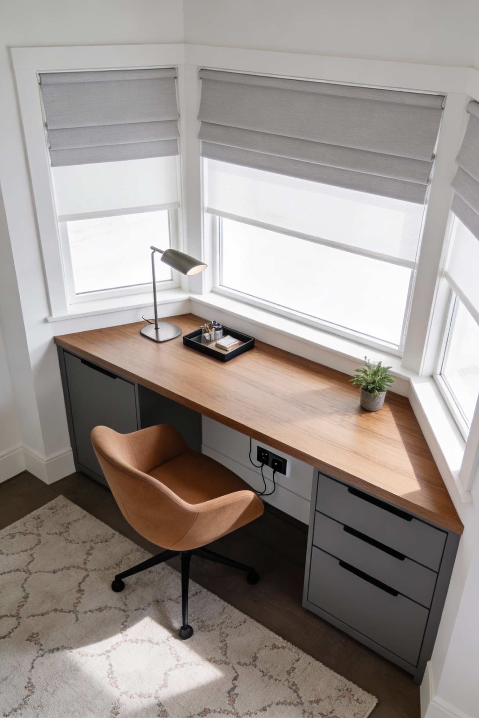 Overhead-to-slightly-angled photorealistic home office view centered on the bay: slim floating desk or built-in surface 