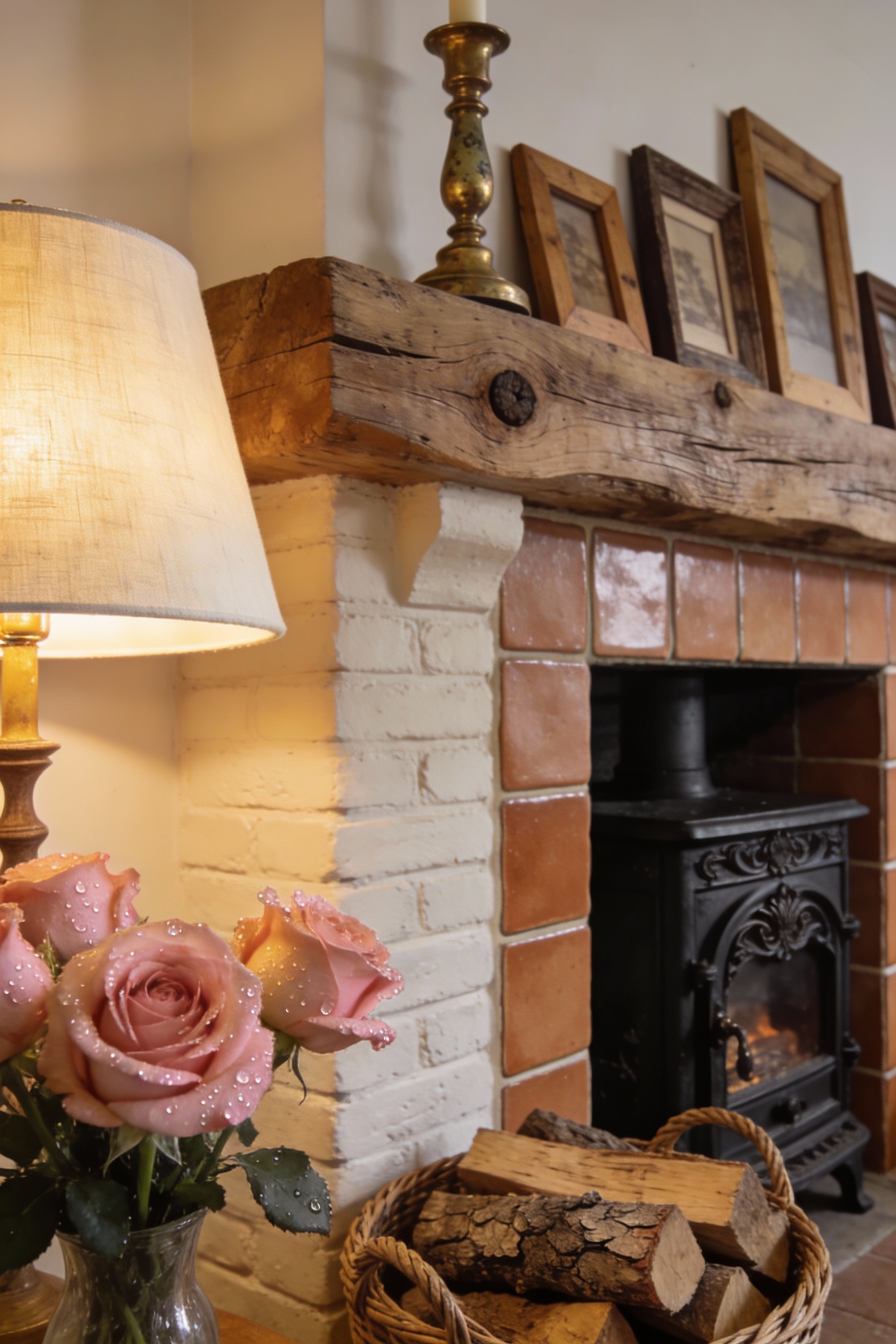 4. Close-up photorealistic detail shot of a cozy cottage hearth chimney breast: creamy painted brick or handmade-look ti