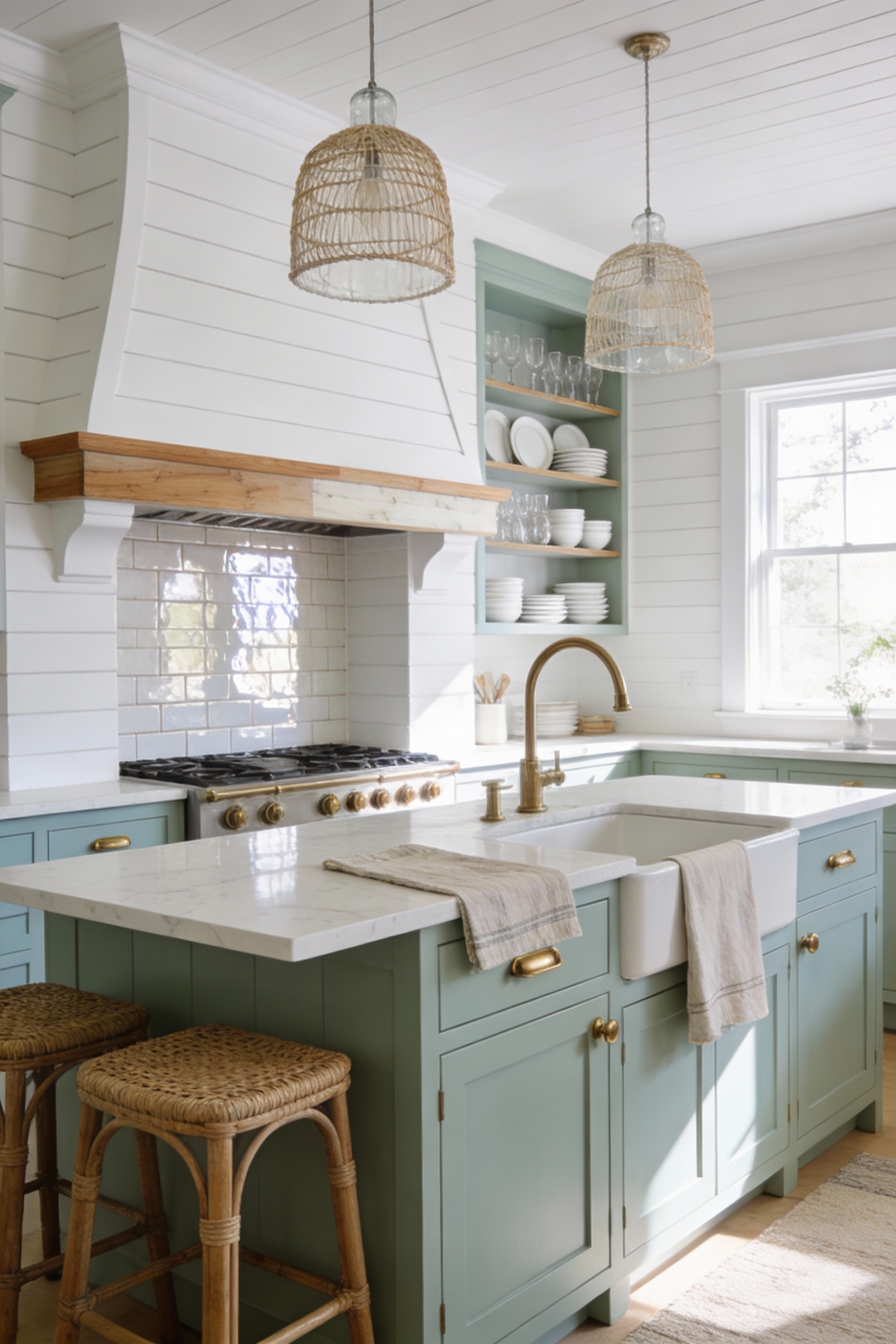 4. Bright, breezy coastal cottage kitchen medium-wide shot with a sweet, simple chimney surround in shiplap or beadboard