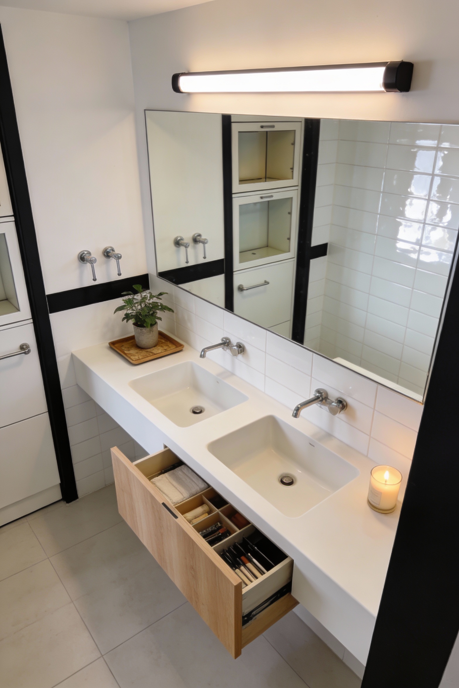 Overhead/three-quarter photorealistic shot focusing on small-space efficiency: slim-depth floating vanity in pale wood o