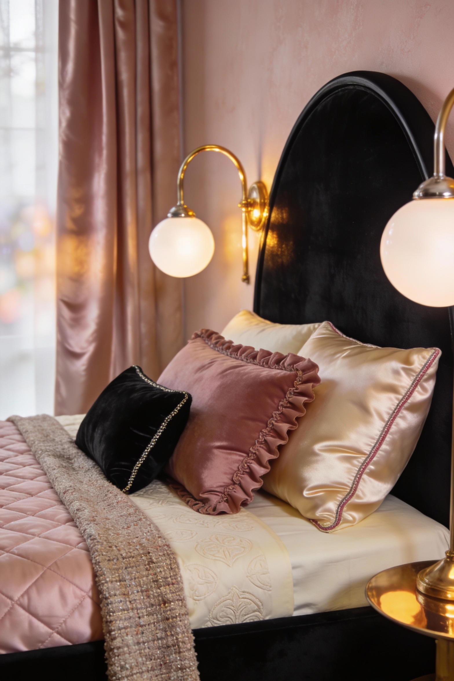 Close-up photorealistic styling detail on a soft feminine glam bed: black bedframe with an arched/curved headboard, crea
