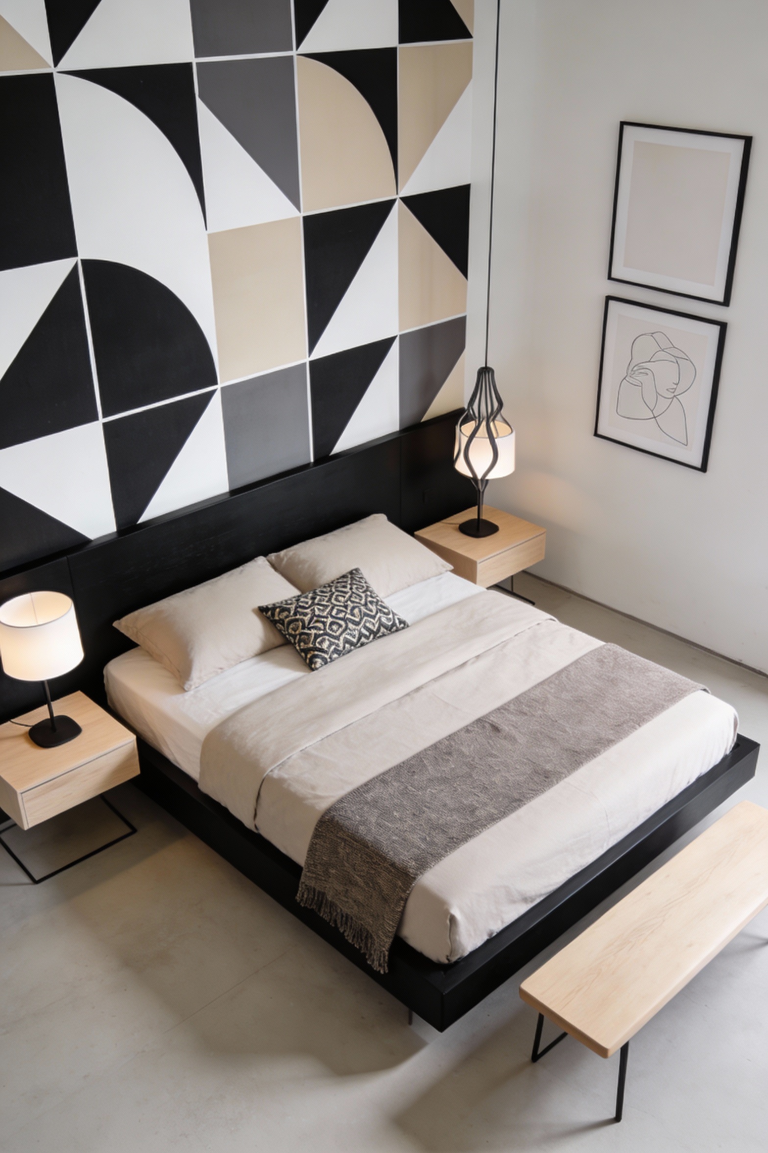 Overhead photorealistic shot focused on modern styling: bold geometric wallpaper on the headboard wall featuring oversiz