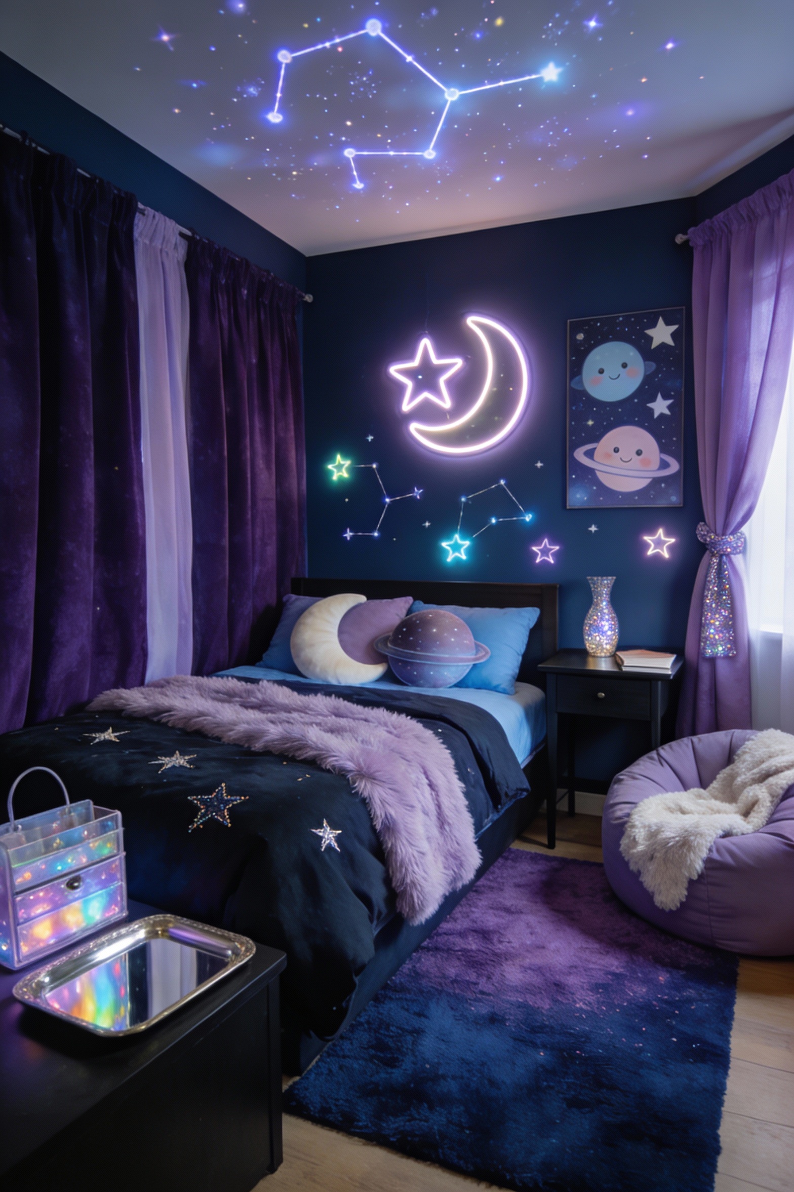 Wide photorealistic bedroom corner angle: galaxy cute theme with deep navy/inky purple bedding and curtains, lavender an