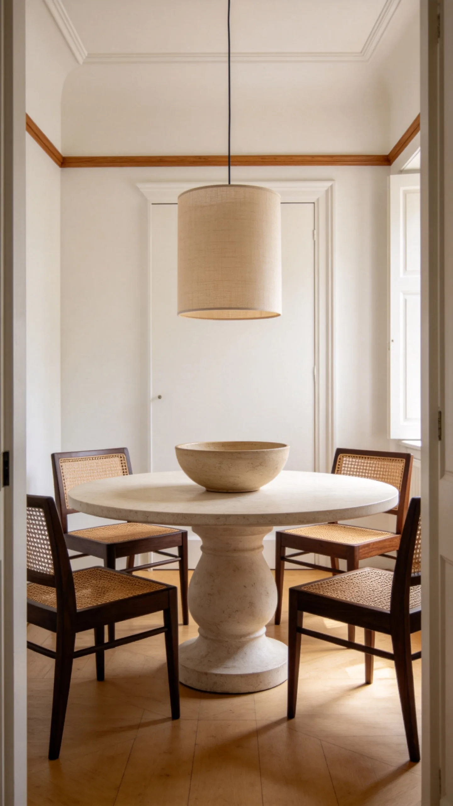 1. Cane-Back Dining Chairs With a Sculptural Pedestal Table