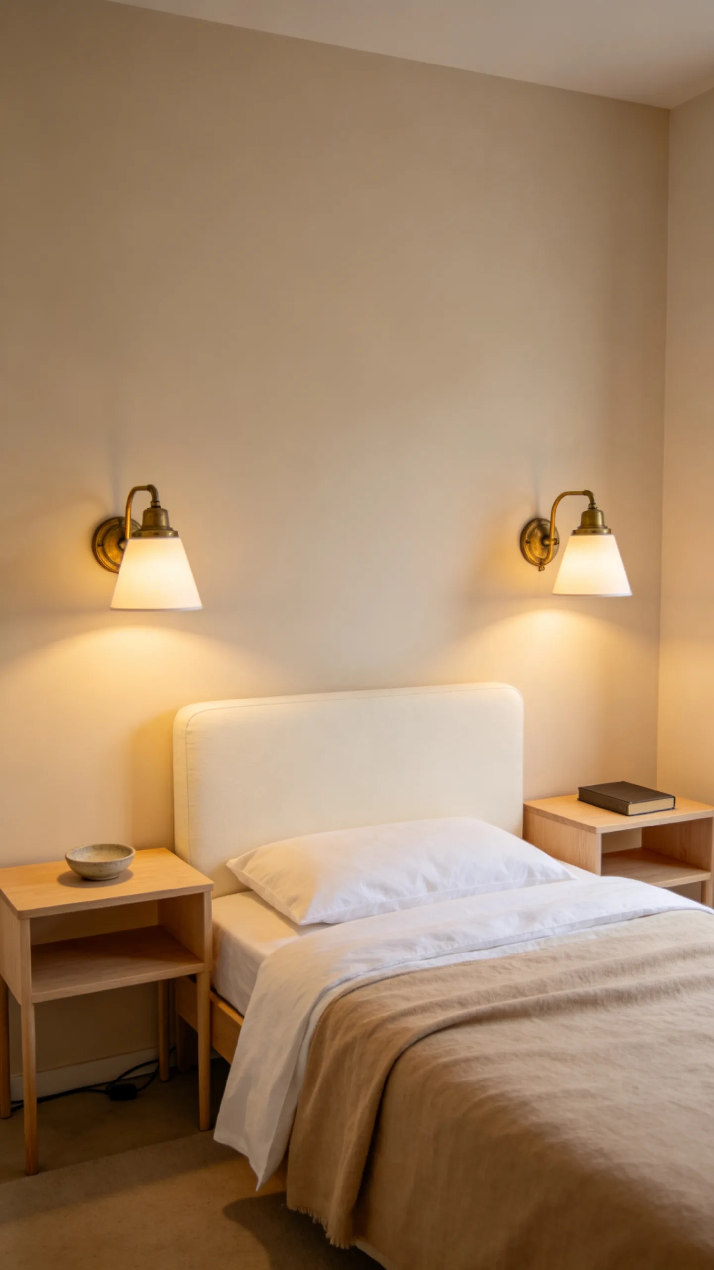 2. Install Warm Bedside Sconces Above Floating Nightstands