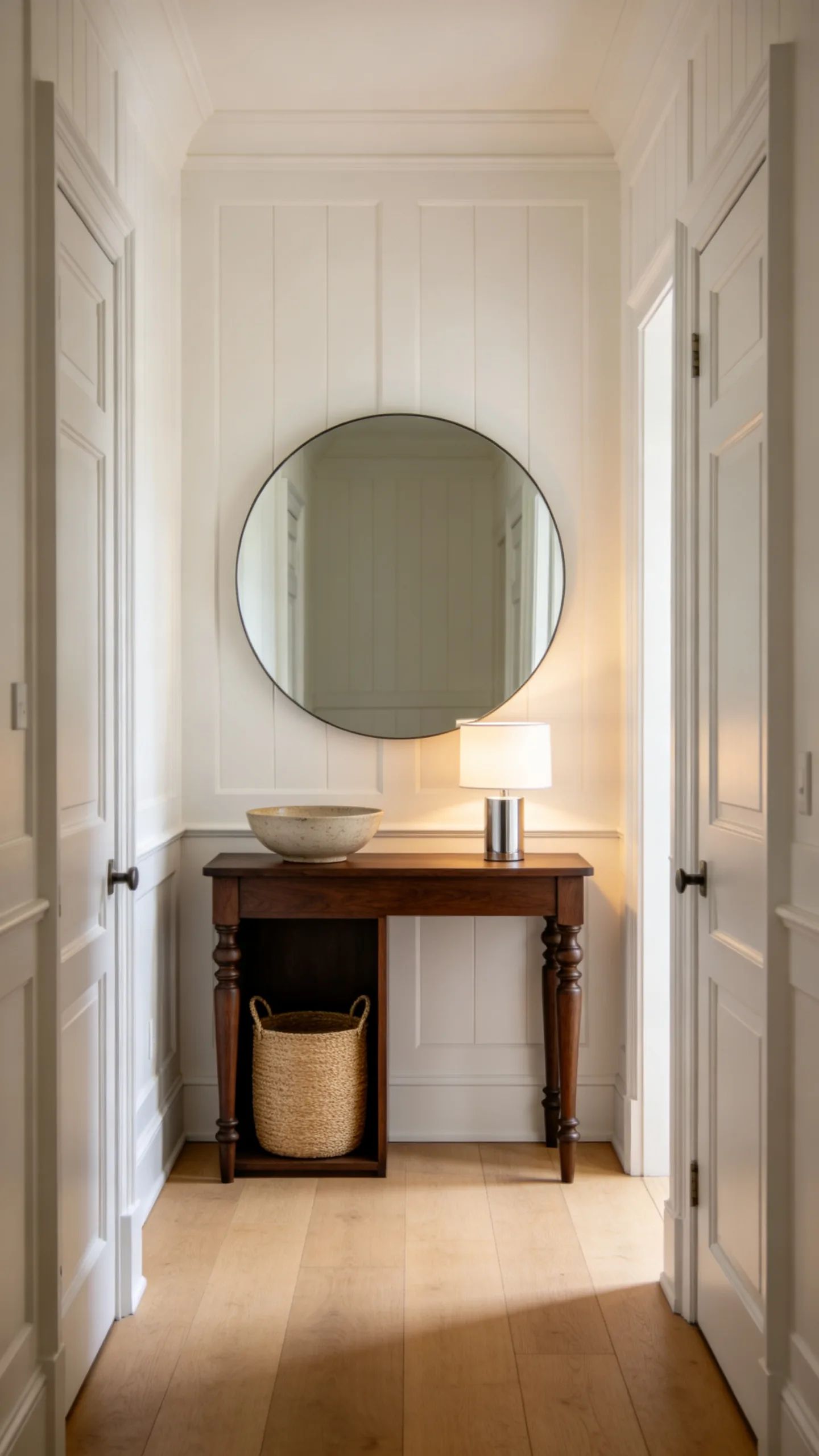 4. Turned-Leg Console With a Frameless Round Mirror