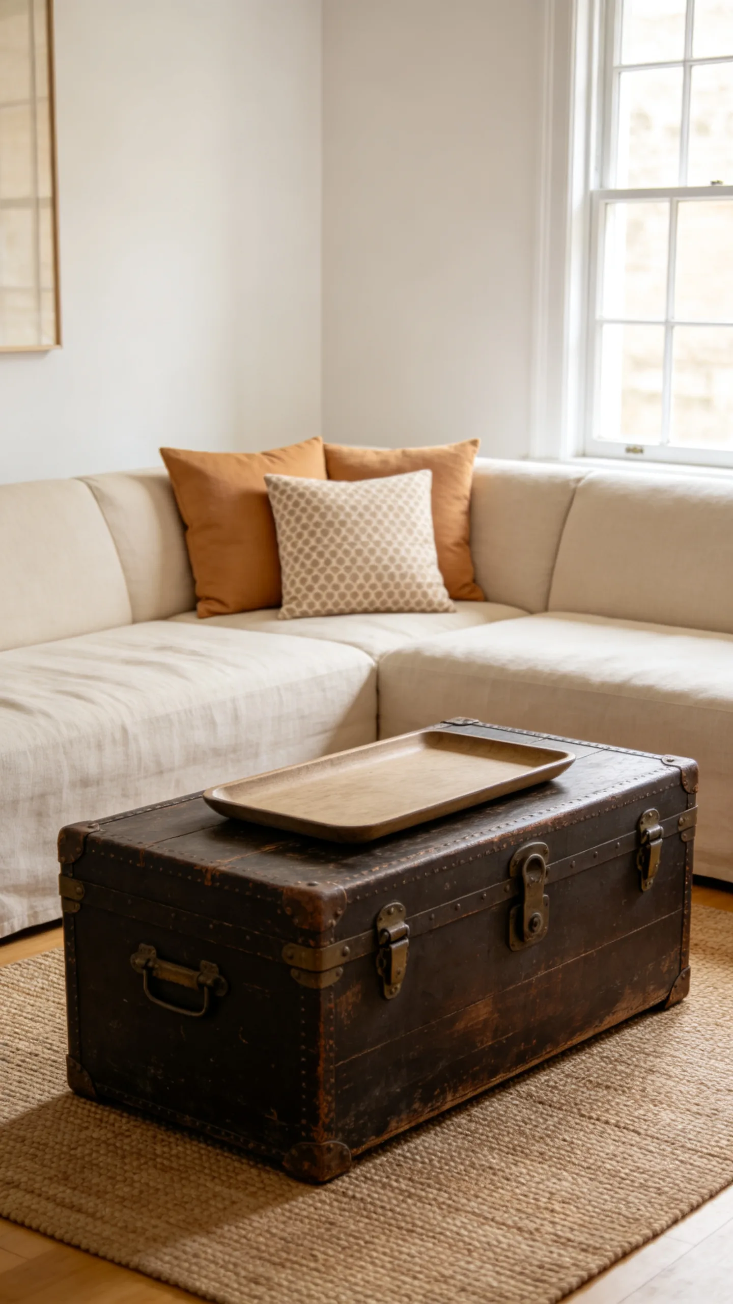 5. Linen Slipcovered Sofa With Antique Trunk Coffee Table