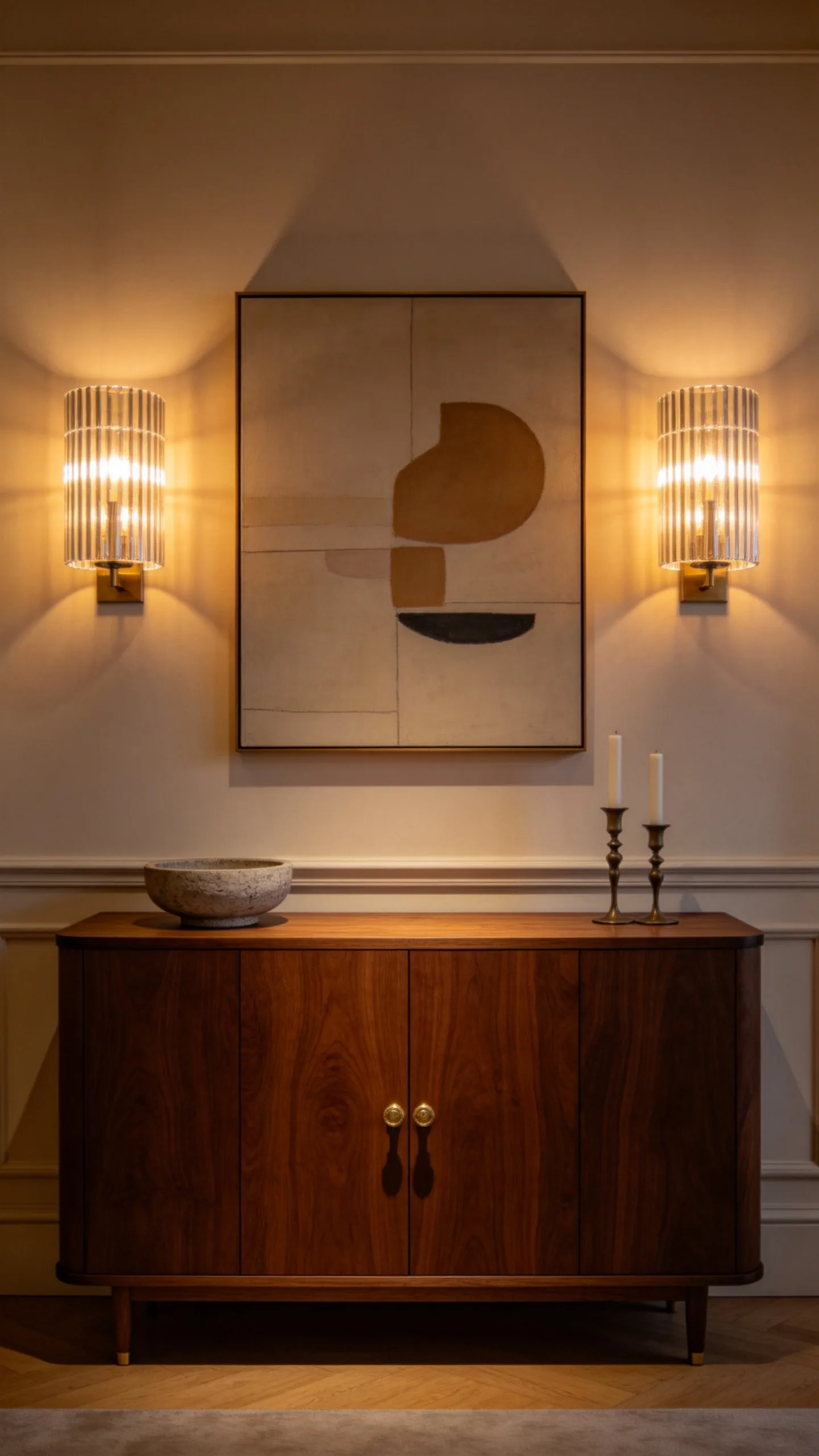 7. Dark Wood Sideboard With Ribbed Glass Lighting