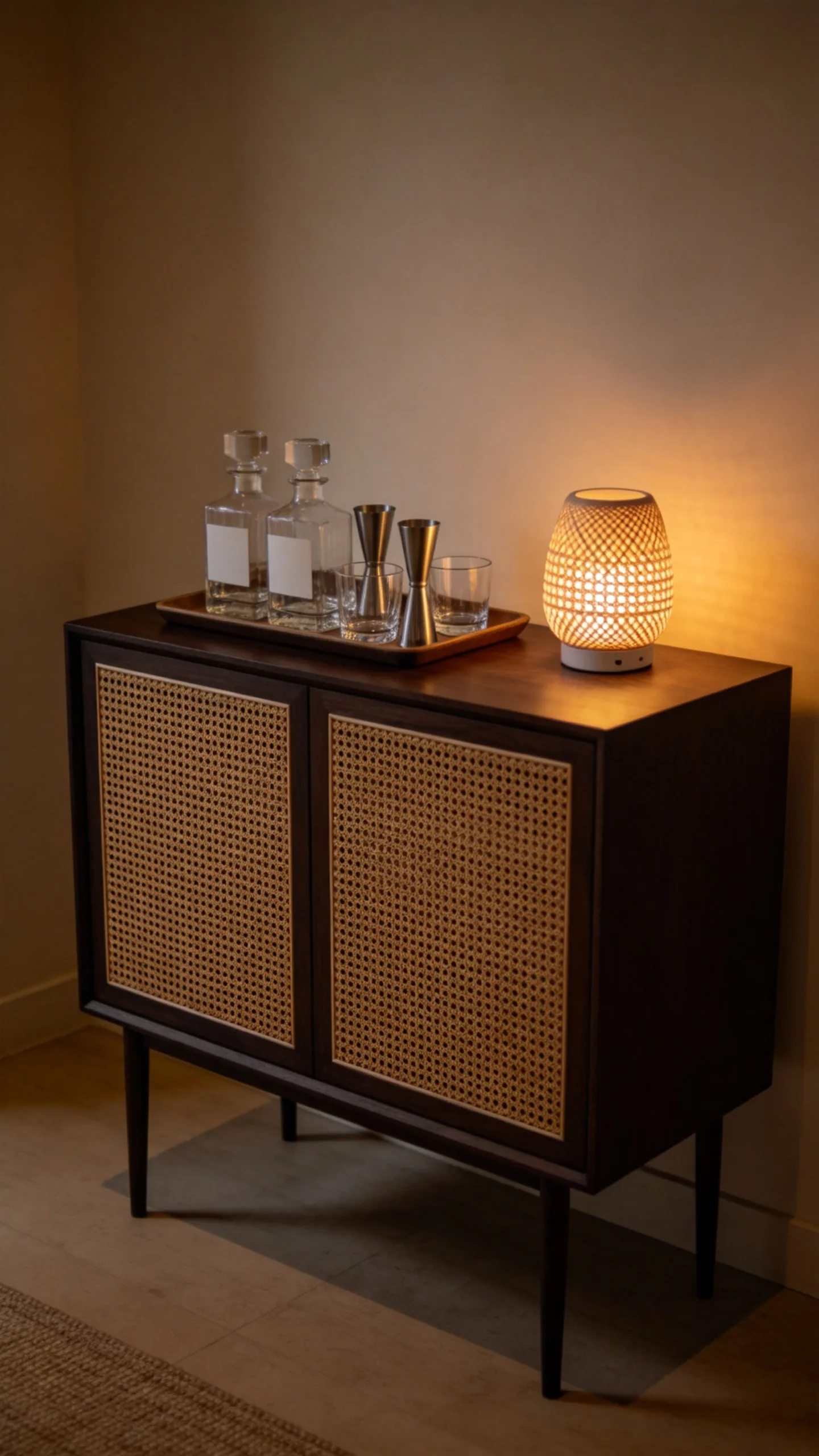 8. Rattan Bar Cabinet With Contemporary Barware