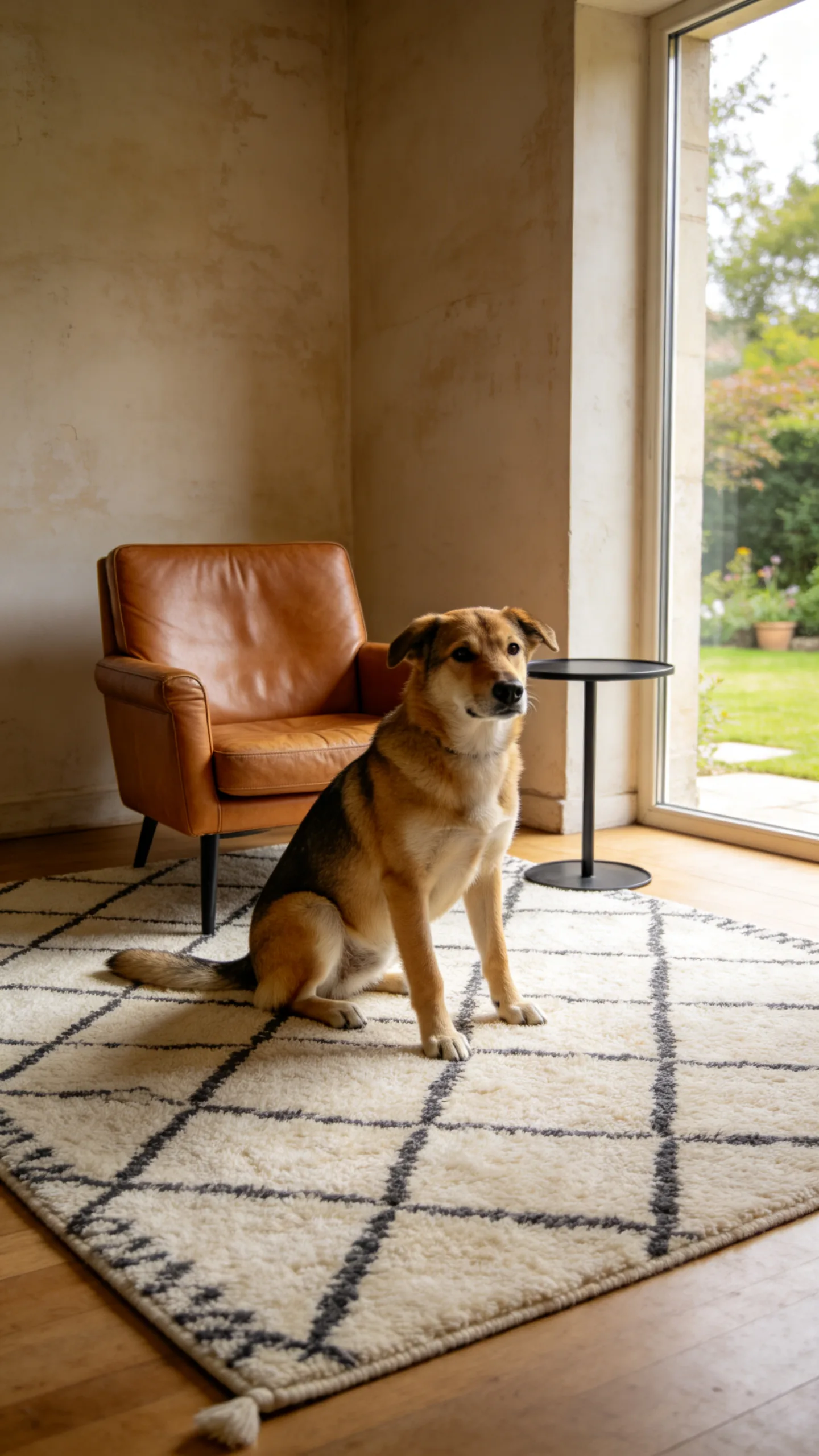 9. Leather Club Chair With a Graphic Flat-Weave Rug
