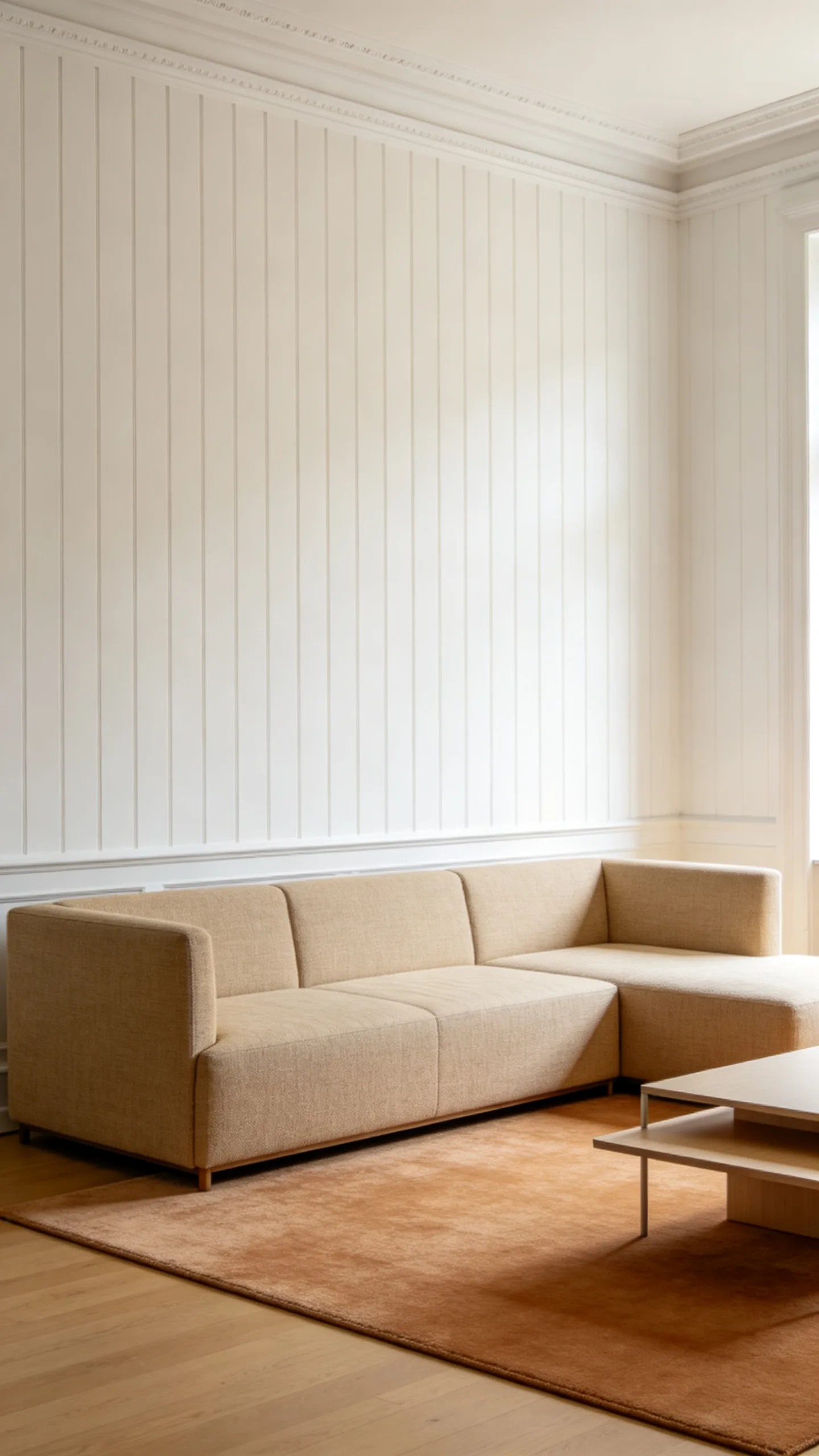10. White Wall Paneling With Low-Profile Modular Seating