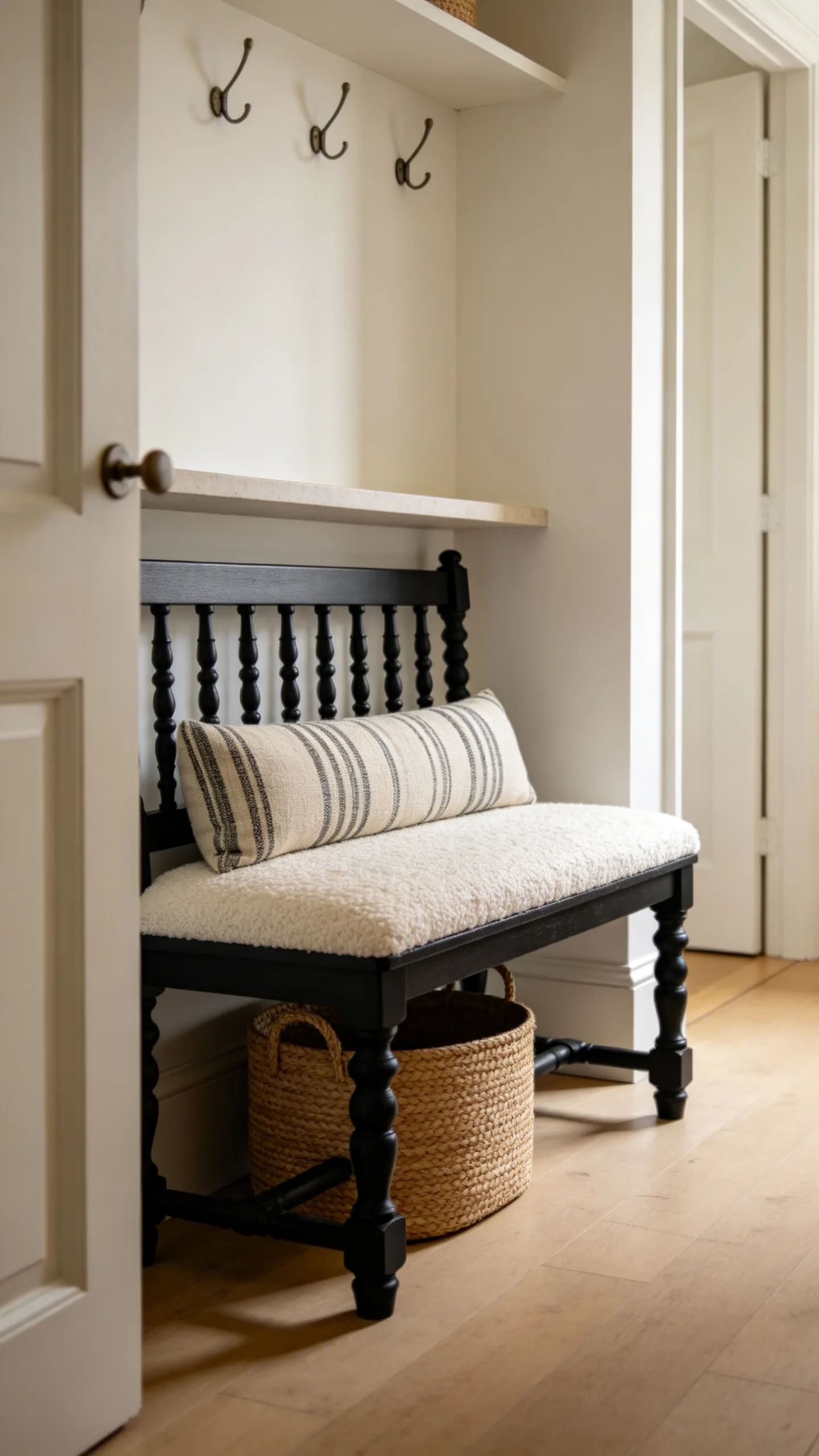 11. Spindle Bench With a Bouclé Seat Cushion