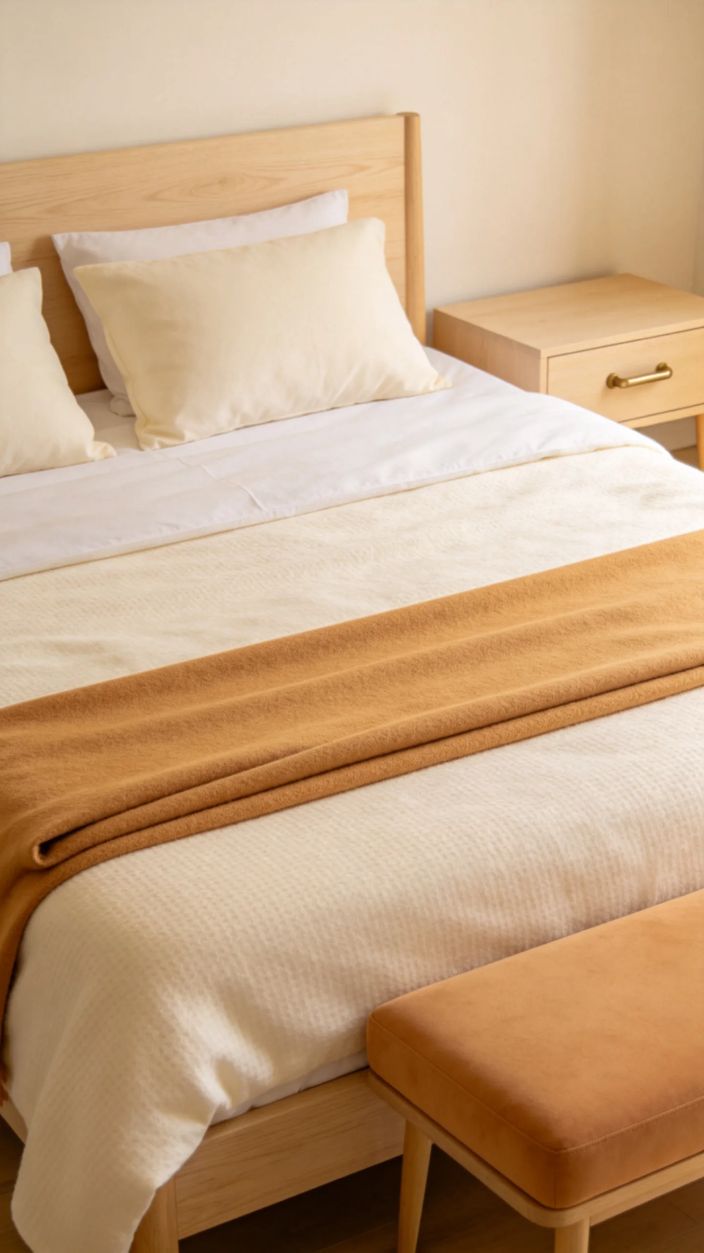 12. Add a Camel Blanket to an All-Cream Bed