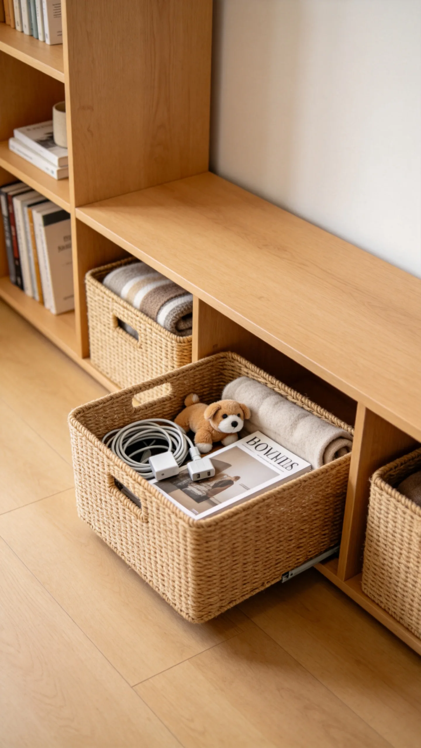 12. Hide Clutter in Matching Woven Baskets