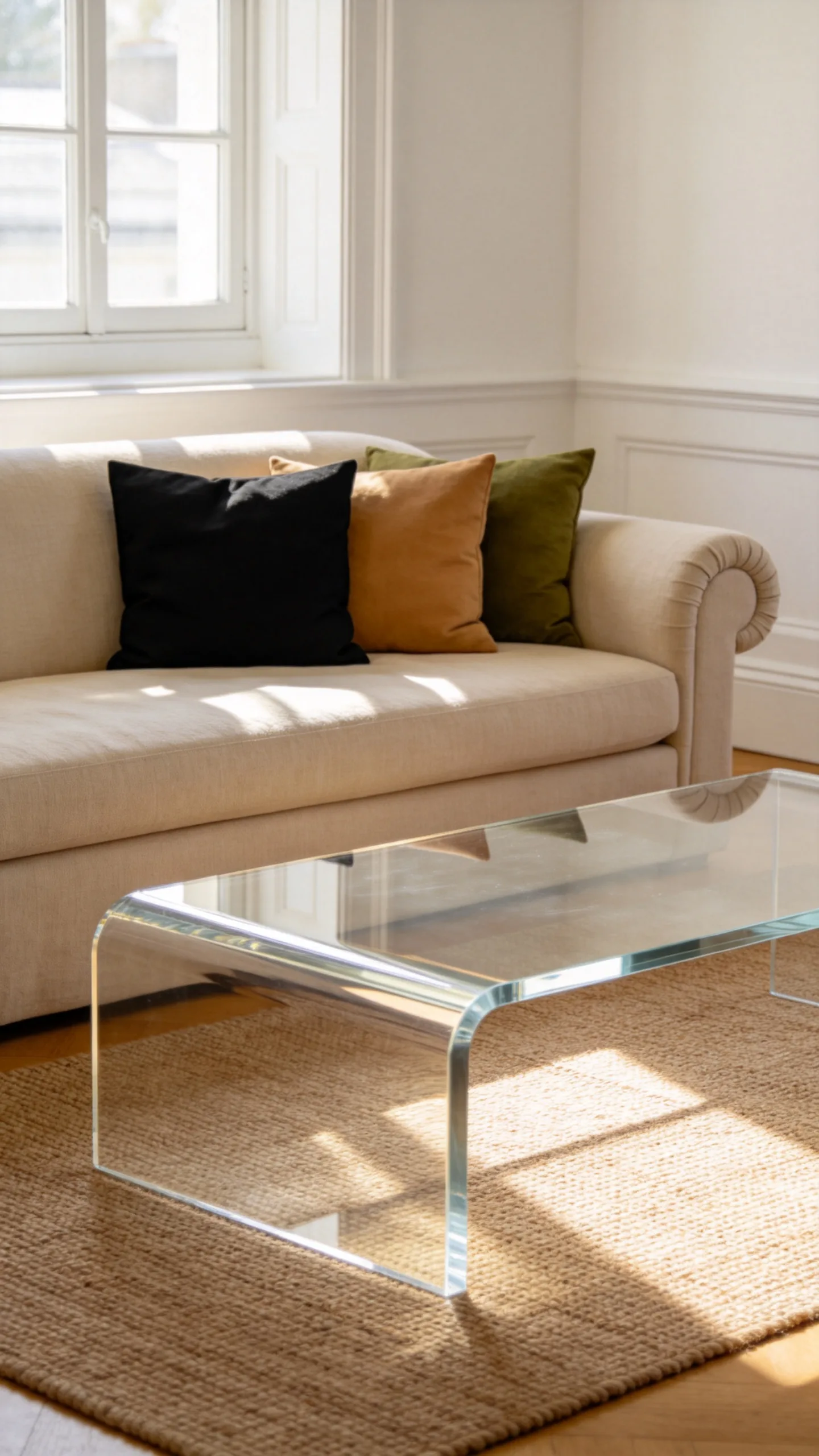 12. Roll-Arm Sofa With a Lucite Coffee Table
