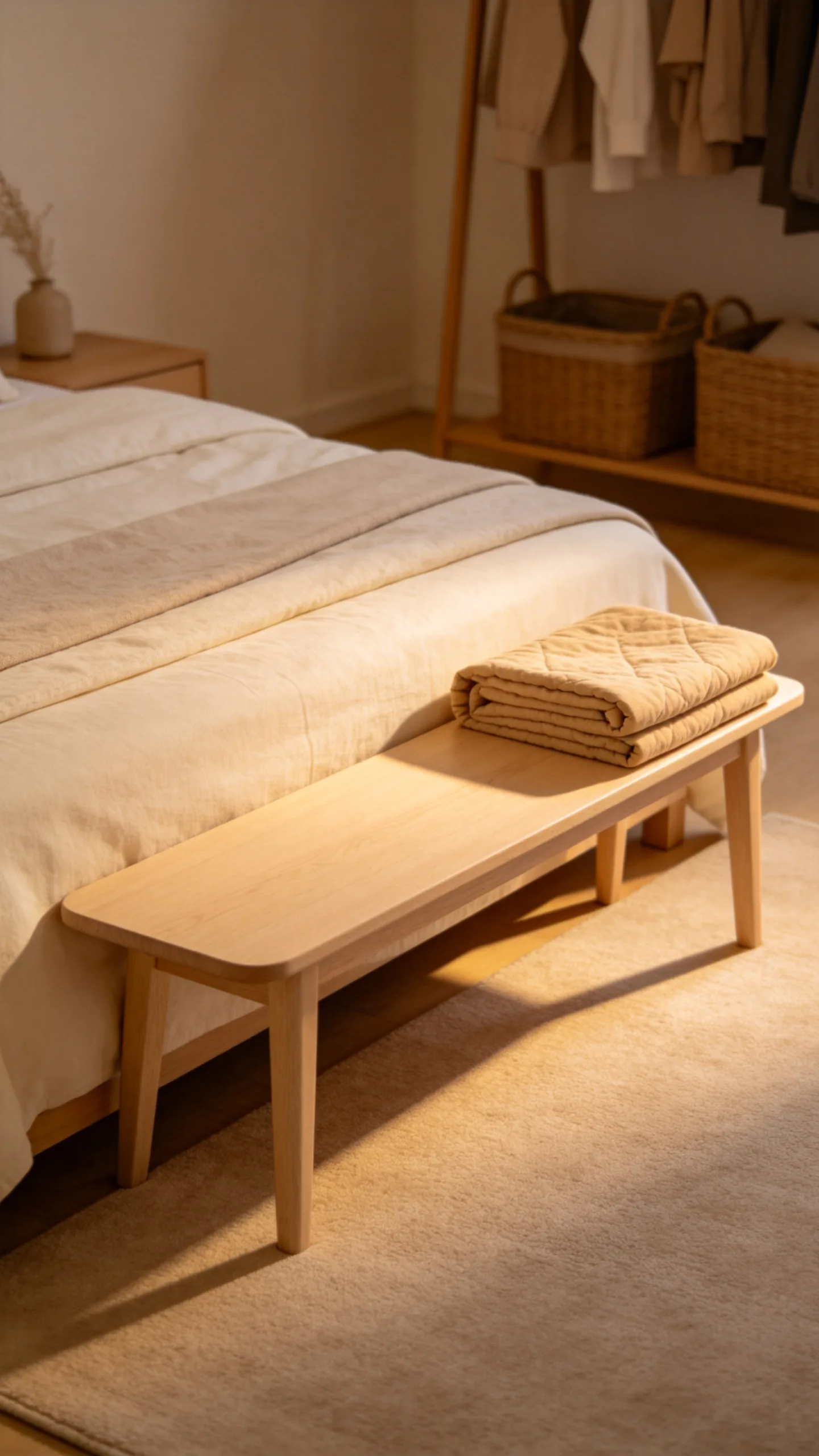 14. Style a Low Bench With a Folded Neutral Quilt
