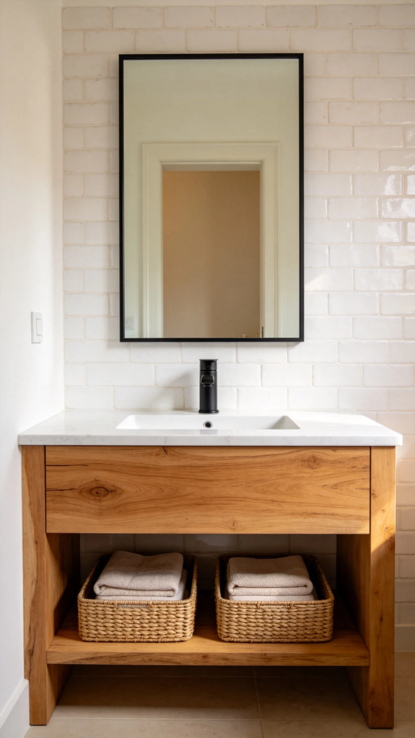 14. Teak Bathroom Vanity With Matte Black Fixtures