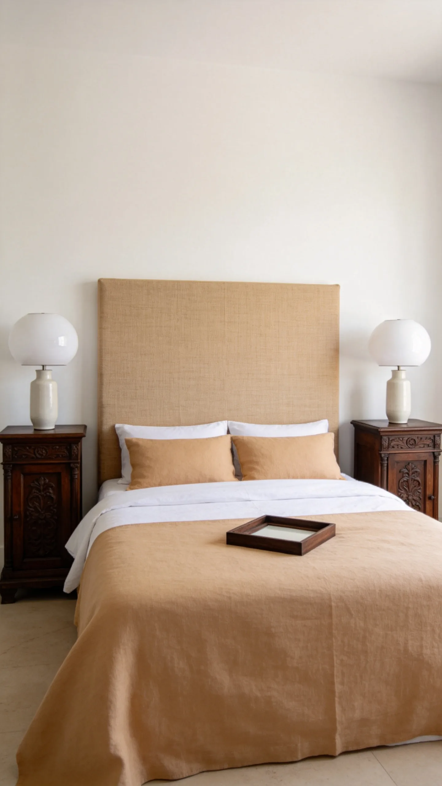 15. Upholstered Headboard With Carved Wood Nightstands